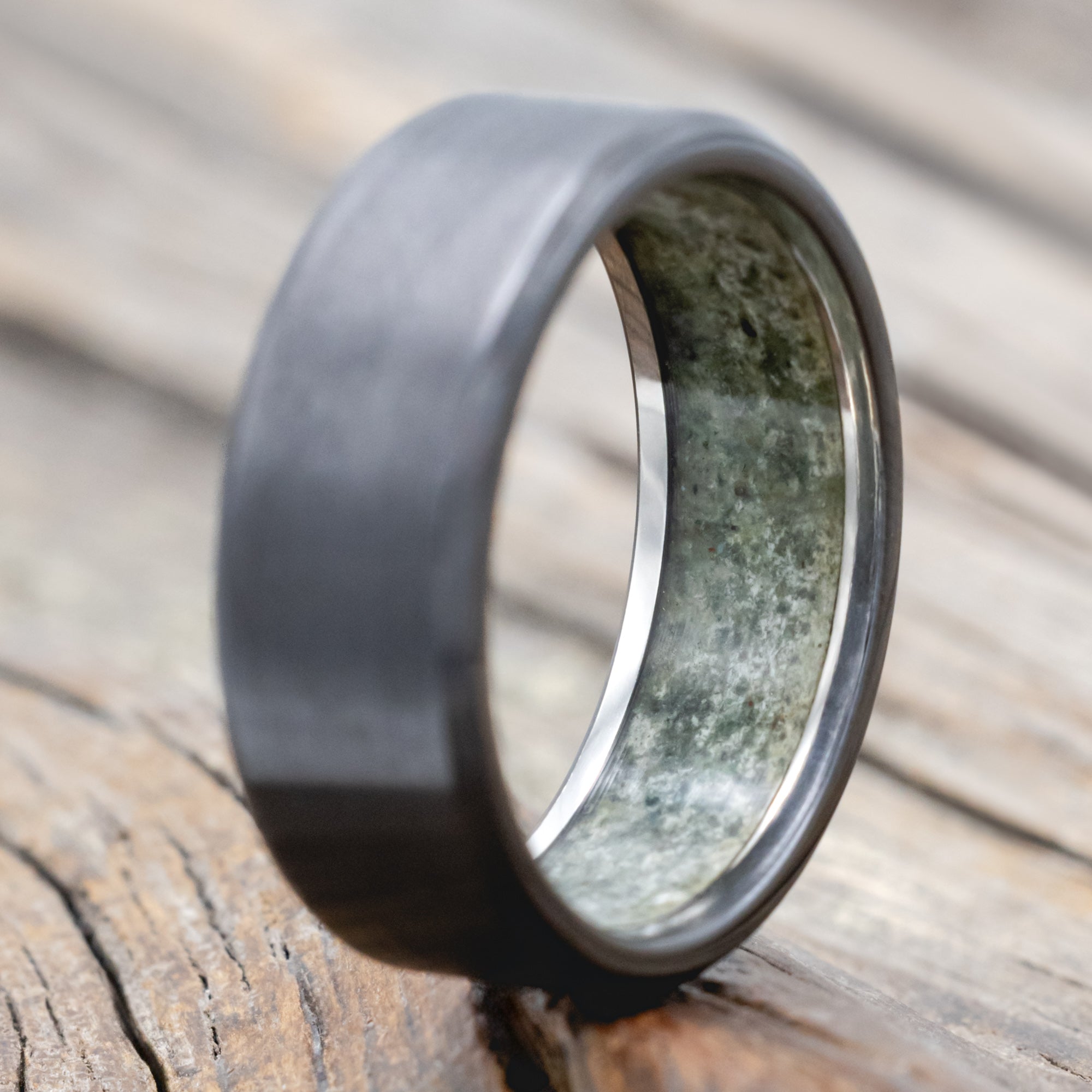 "Hyperion" - Crushed Moss Agate Lined Wedding Band With Custom Finish-Staghead Designs