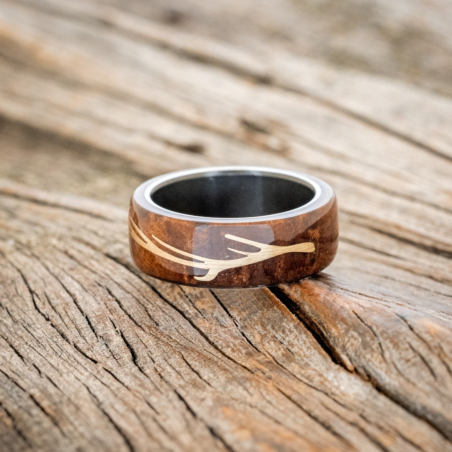 "WILDER" - CUSTOM DESIGN WEDDING BAND WITH REDWOOD & 14K GOLD ANTLER INLAY-3