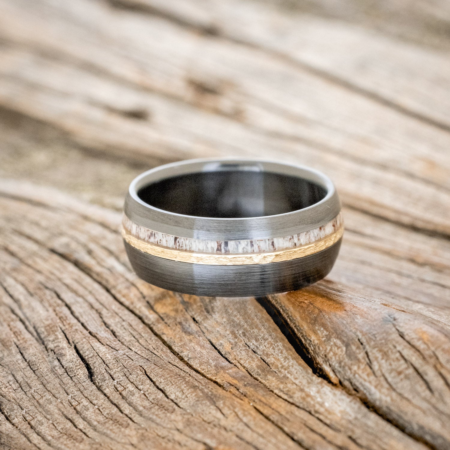 "CASTOR" - DOMED ANLTER & HAMMERED 14K GOLD INLAY WEDDING RING FEATURING A BRUSHED BLACK ZIRCONIUM BAND-3