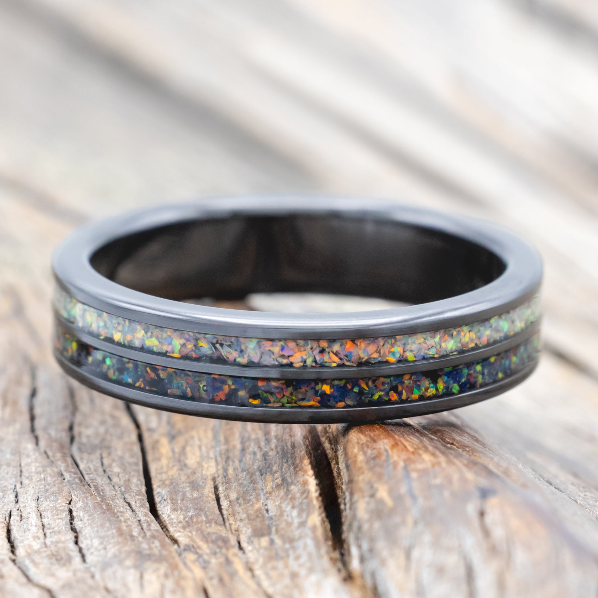 "DYAD" - FIRE AND ICE OPAL & BLACK FIRE OPAL WEDDING BAND-Staghead Designs