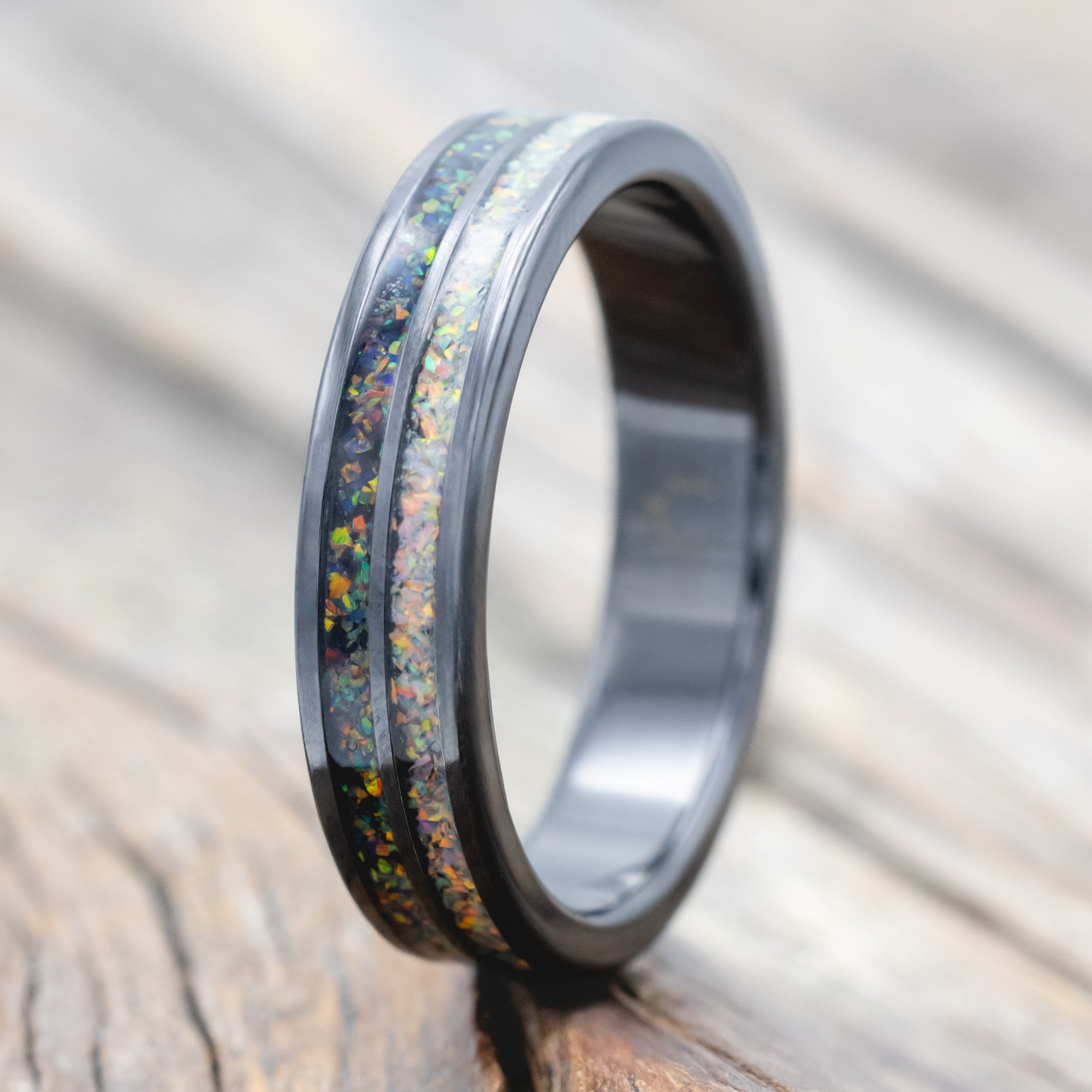 "DYAD" - FIRE AND ICE OPAL & BLACK FIRE OPAL WEDDING BAND-Staghead Designs