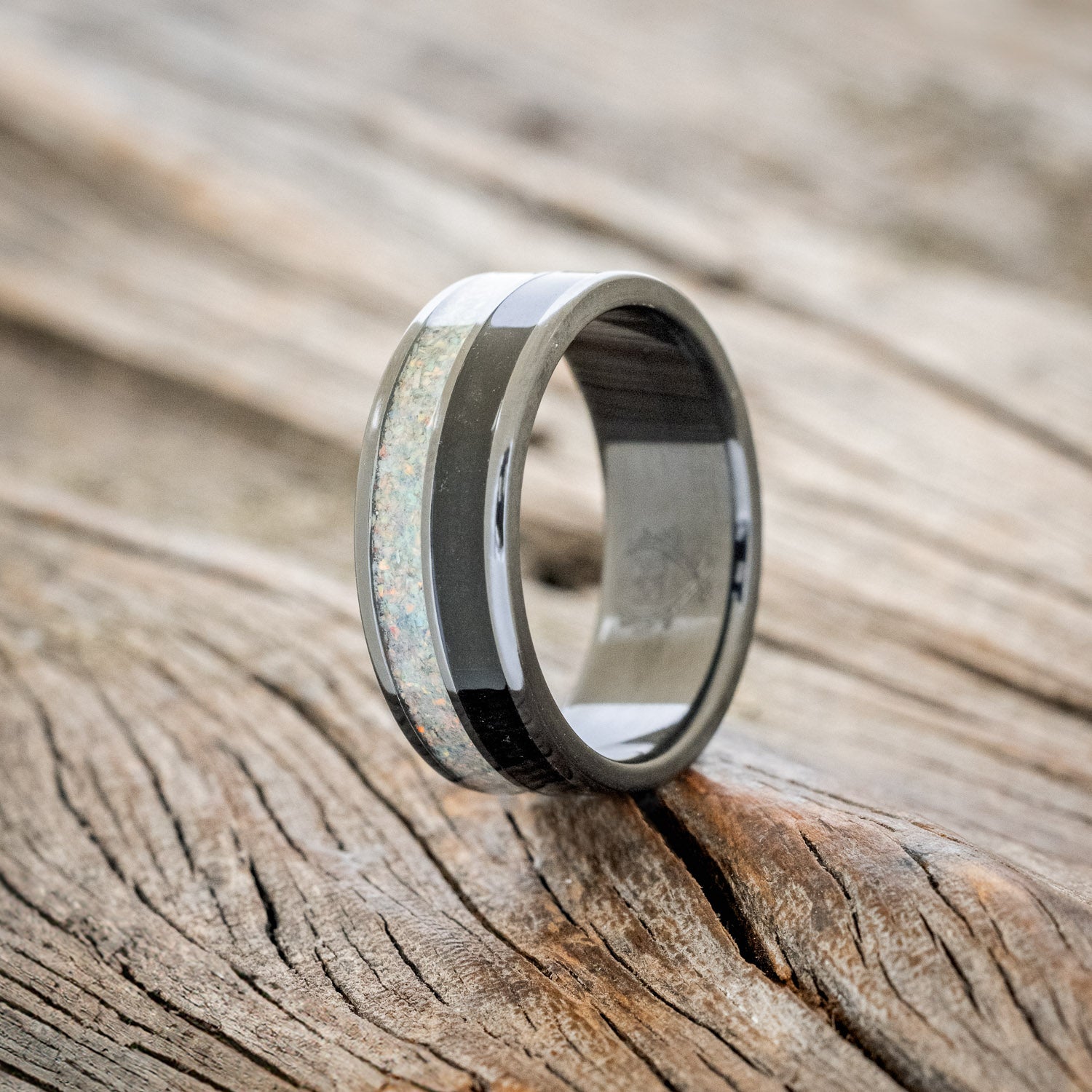 "DYAD" - FIRE AND ICE OPAL & JET STONE WEDDING BAND-4