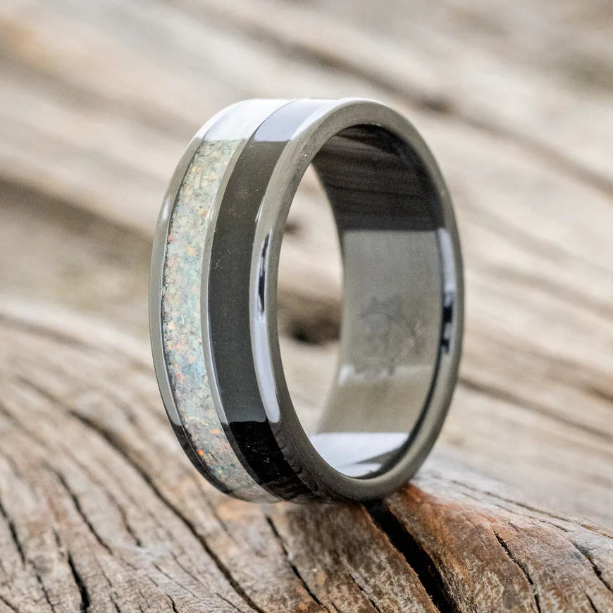 "Dyad" - Fire & Ice Opal and Jet Stone Wedding Band - Black Zirconium (8mm) - Size 8 1/2-Staghead Designs