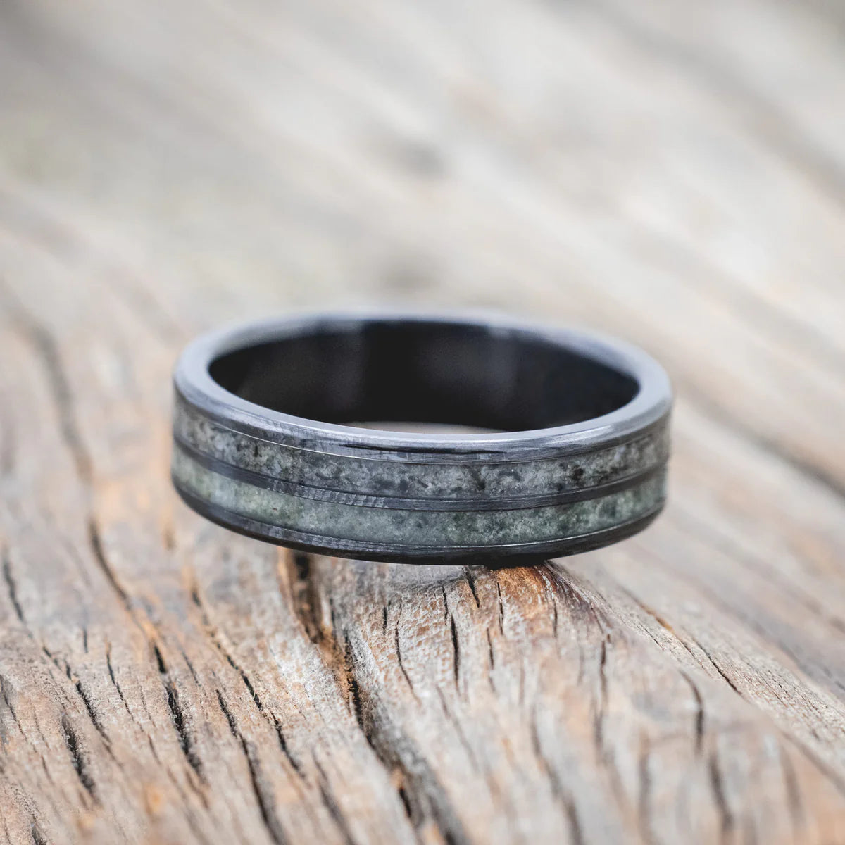 "DYAD" - MOSS AGATE & MOONSTONE WEDDING BAND - BLACK ZIRCONIUM (6MM) - SIZE 7 3/4-Staghead Designs