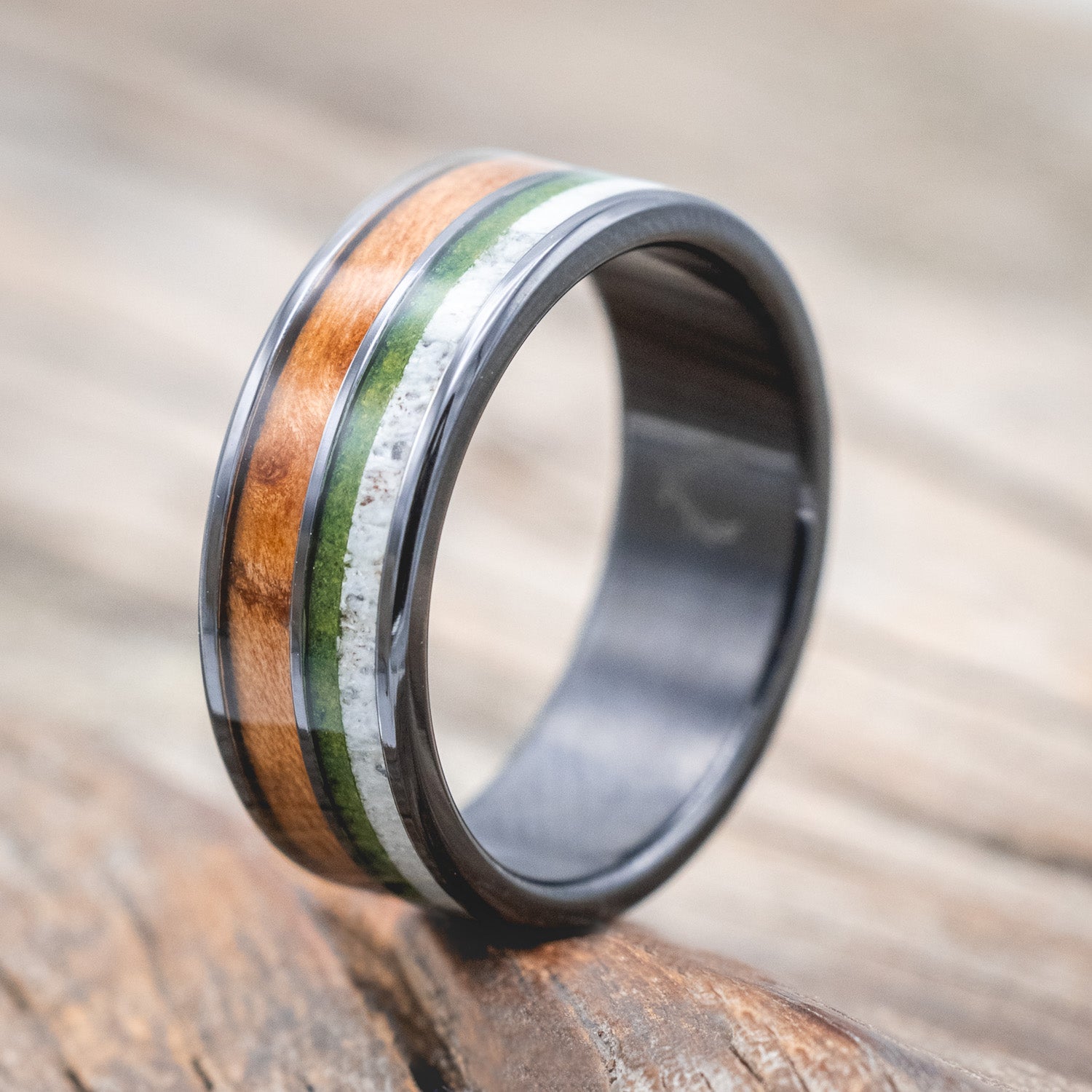 "DYAD" - REDWOOD, ANTLER & MOSS WEDDING BAND-Staghead Designs