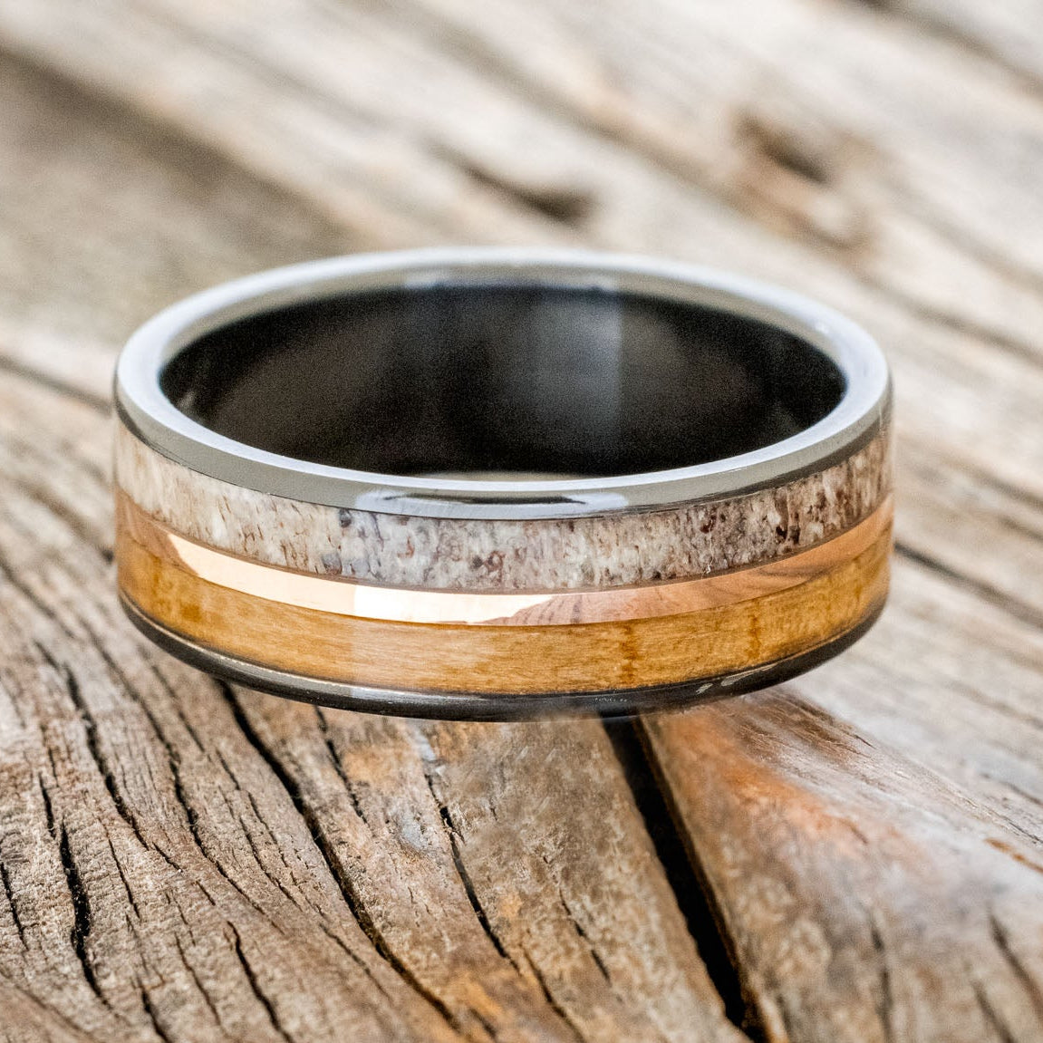 "DYAD" - WHISKEY BARREL OAK, ANTLER & 14K GOLD INLAY WEDDING BAND-6