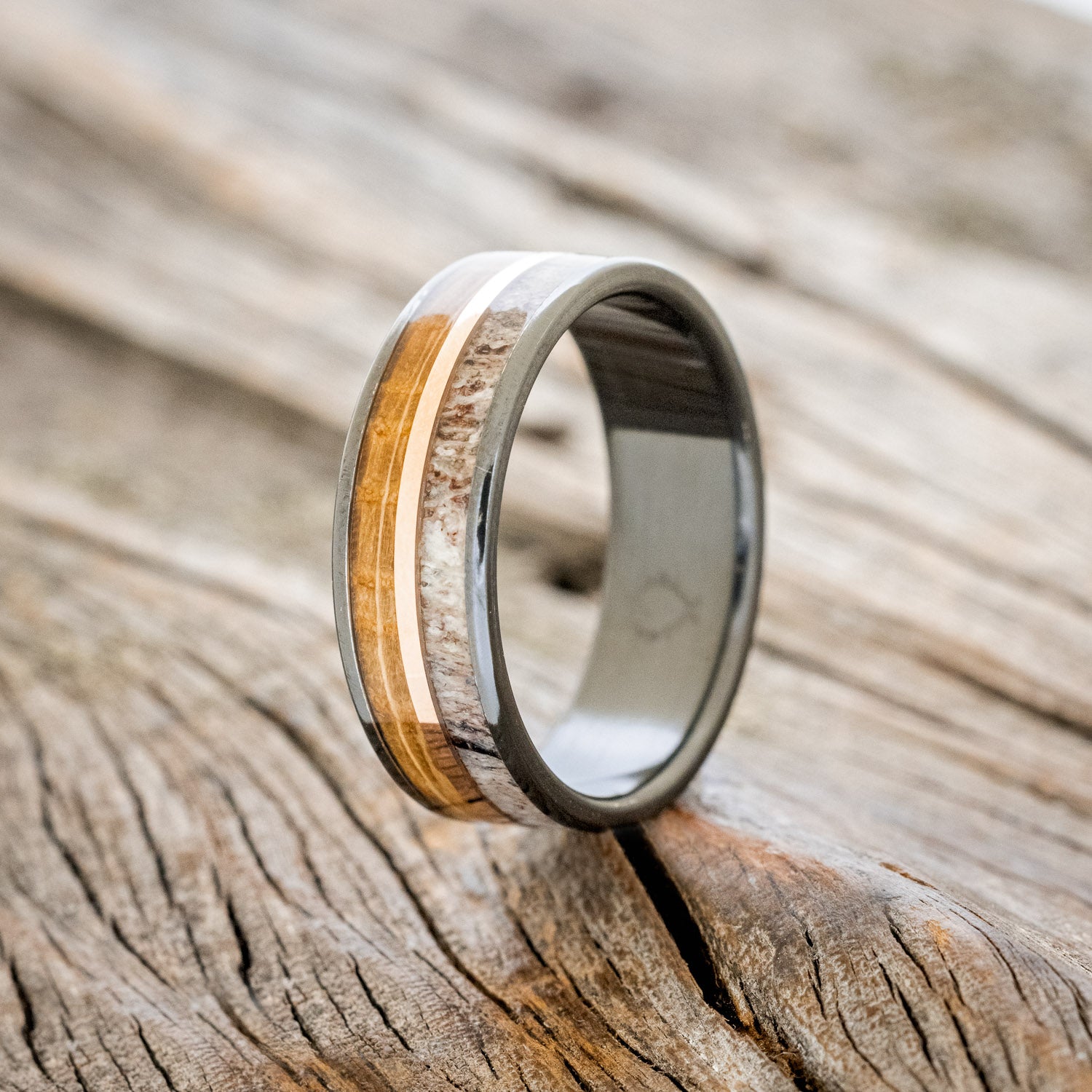 "DYAD" - WHISKEY BARREL OAK, ANTLER & 14K GOLD INLAY WEDDING BAND-4