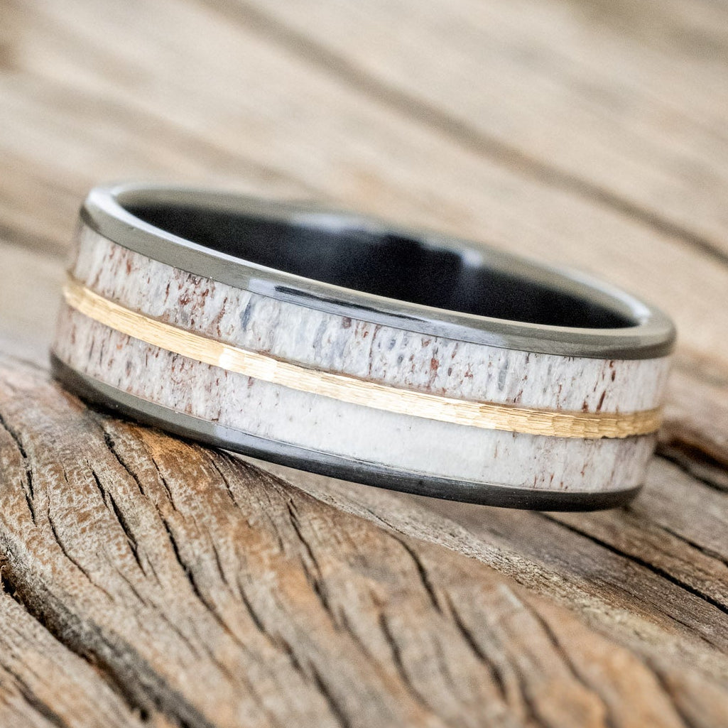"DYAD" - ANTLER & HAMMERED 14K GOLD INLAY WEDDING BAND-5