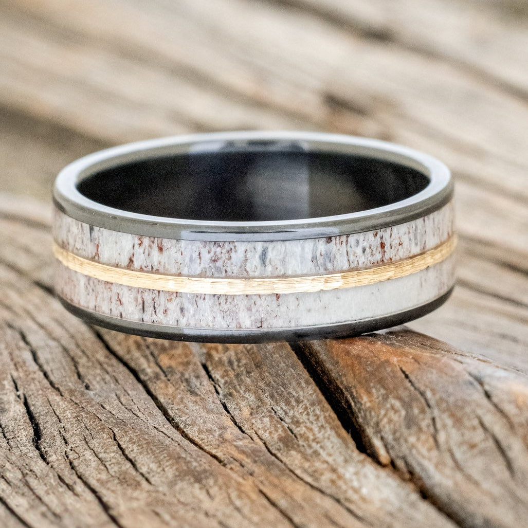 "DYAD" - ANTLER & HAMMERED 14K GOLD INLAY WEDDING BAND-6