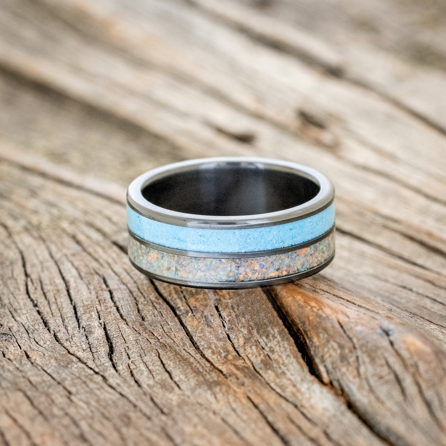 "DYAD" - FIRE AND ICE OPAL & TURQUOISE WEDDING BAND-6