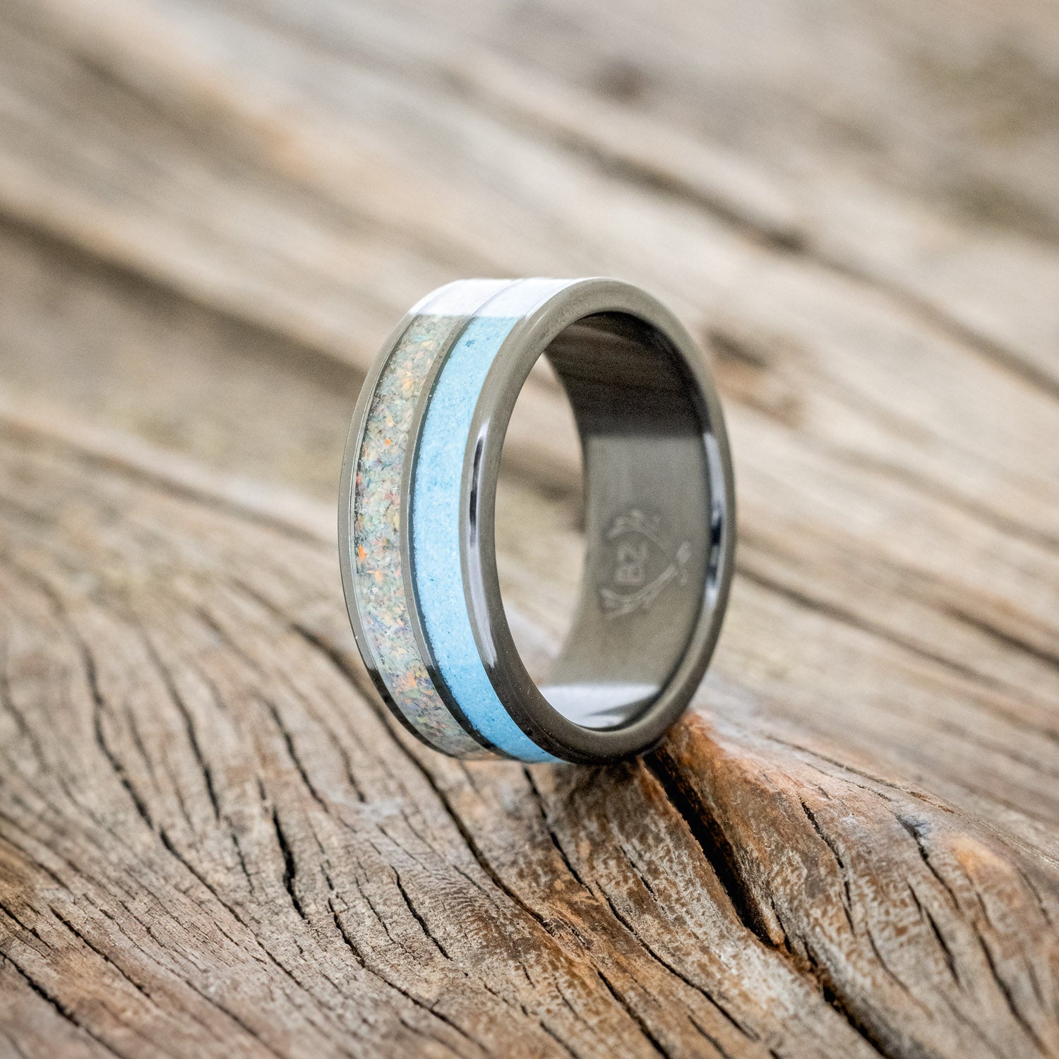 "DYAD" - FIRE AND ICE OPAL & TURQUOISE WEDDING BAND-4