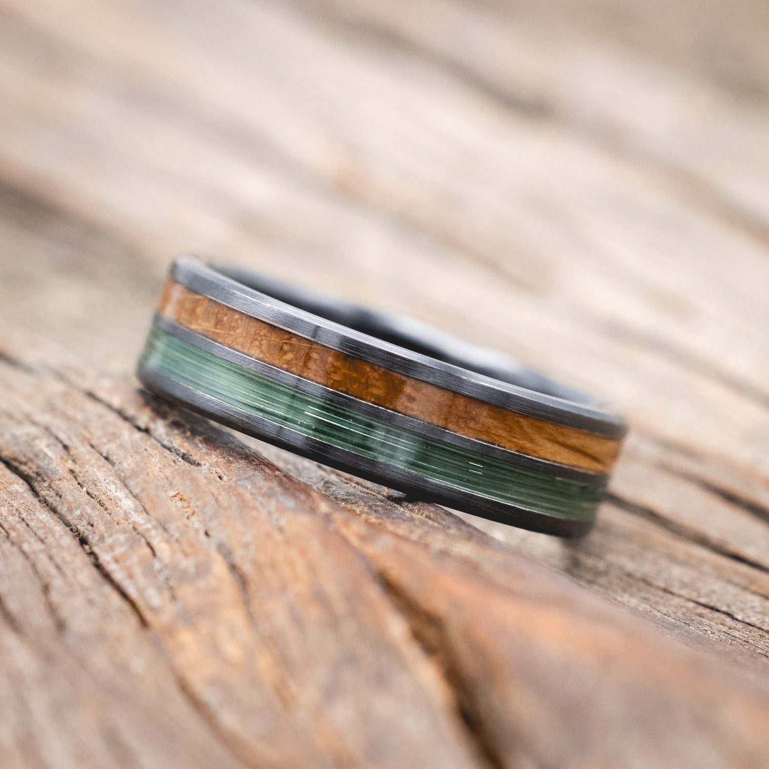 "DYAD" - WHISKEY BARREL OAK & CLEAR GREEN FISHING LINE INLAY WEDDING BAND IN A BRUSHED FINISH-Staghead Designs