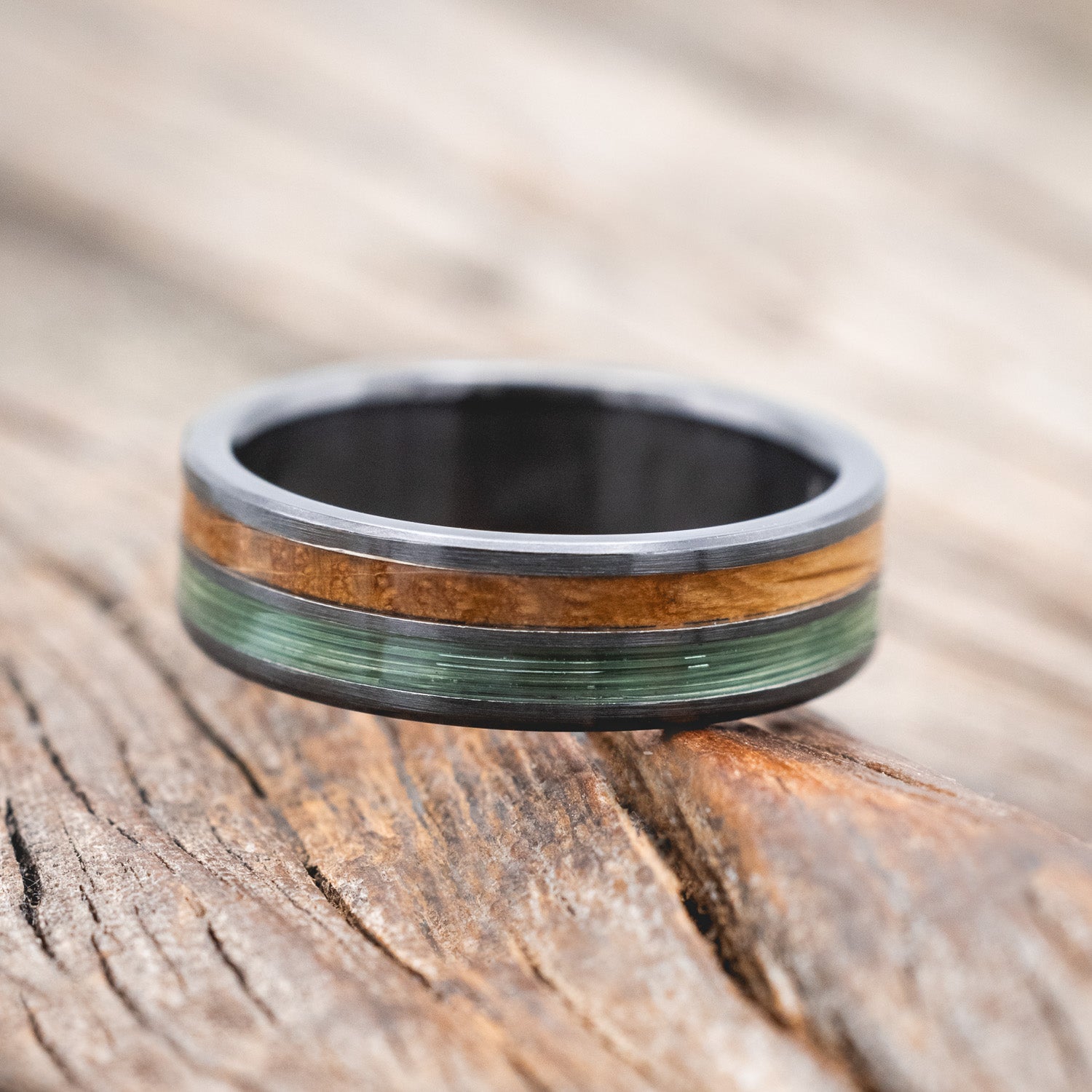 "DYAD" - WHISKEY BARREL OAK & CLEAR GREEN FISHING LINE INLAY WEDDING BAND IN A BRUSHED FINISH-Staghead Designs