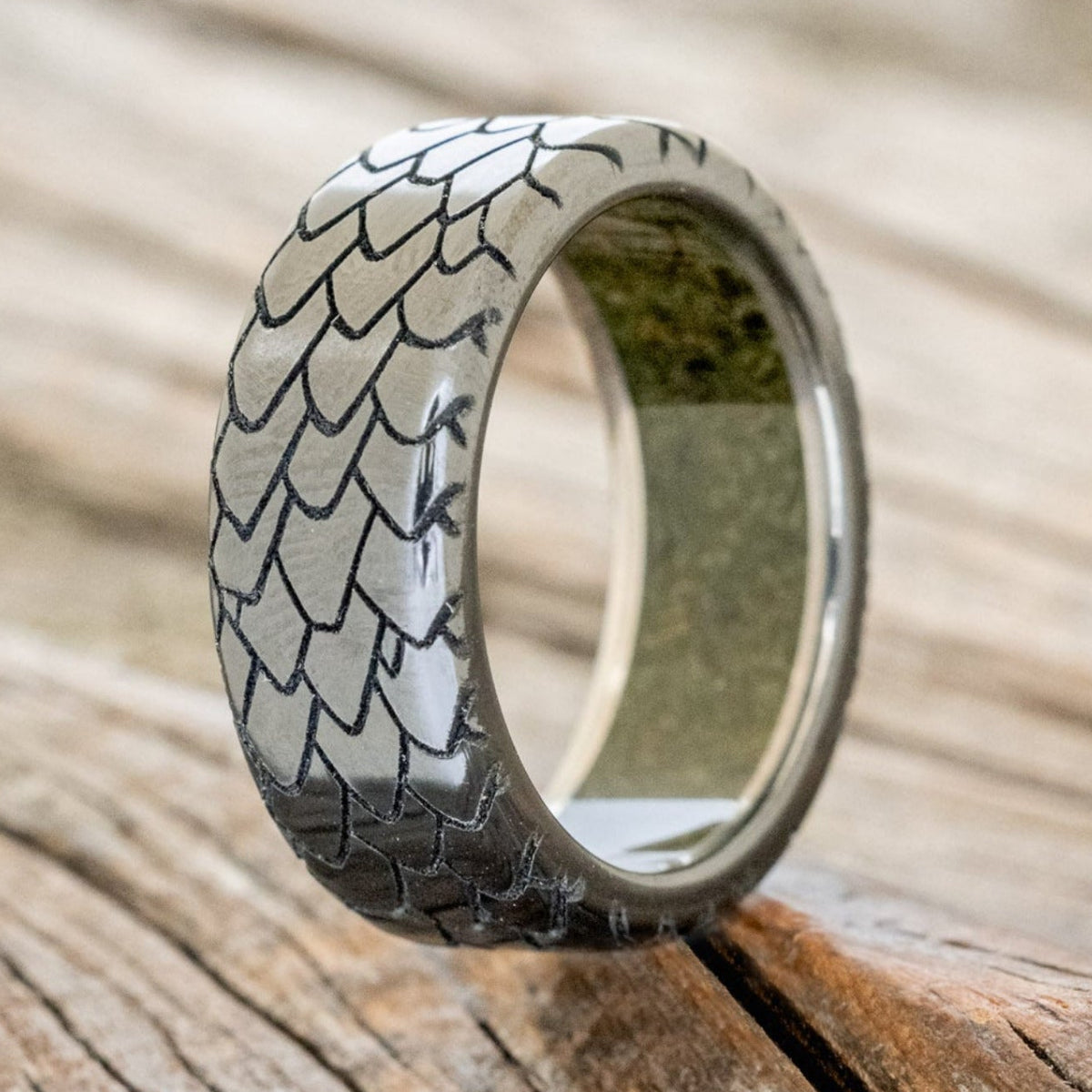 "Echo" - Dragon Scale Wedding Ring Featuring A Moss Lined Band-Staghead Designs