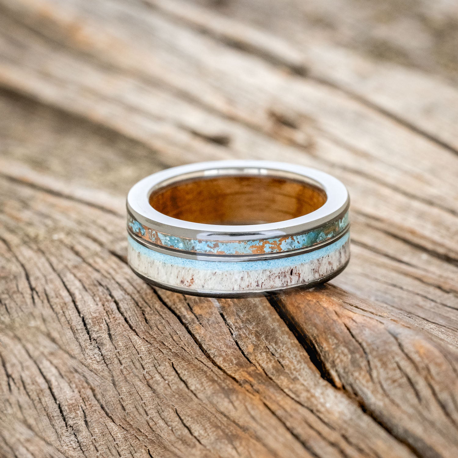 "ELEMENT" - WHISKEY BARREL OAK LINING WITH PATINA COPPER, ANTLER & TURQUOISE INLAYS WEDDING RING-3