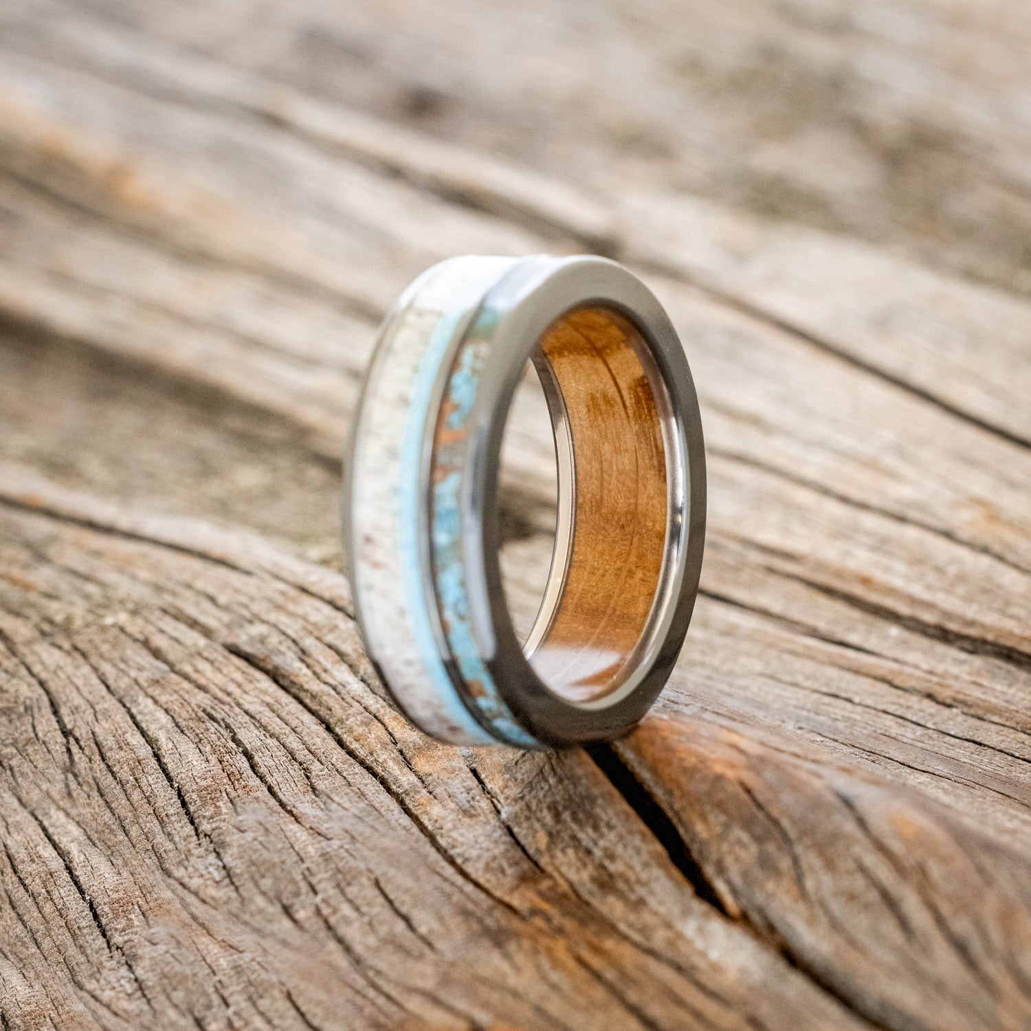 "ELEMENT" - WHISKEY BARREL OAK LINING WITH PATINA COPPER, ANTLER & TURQUOISE INLAYS WEDDING RING-4