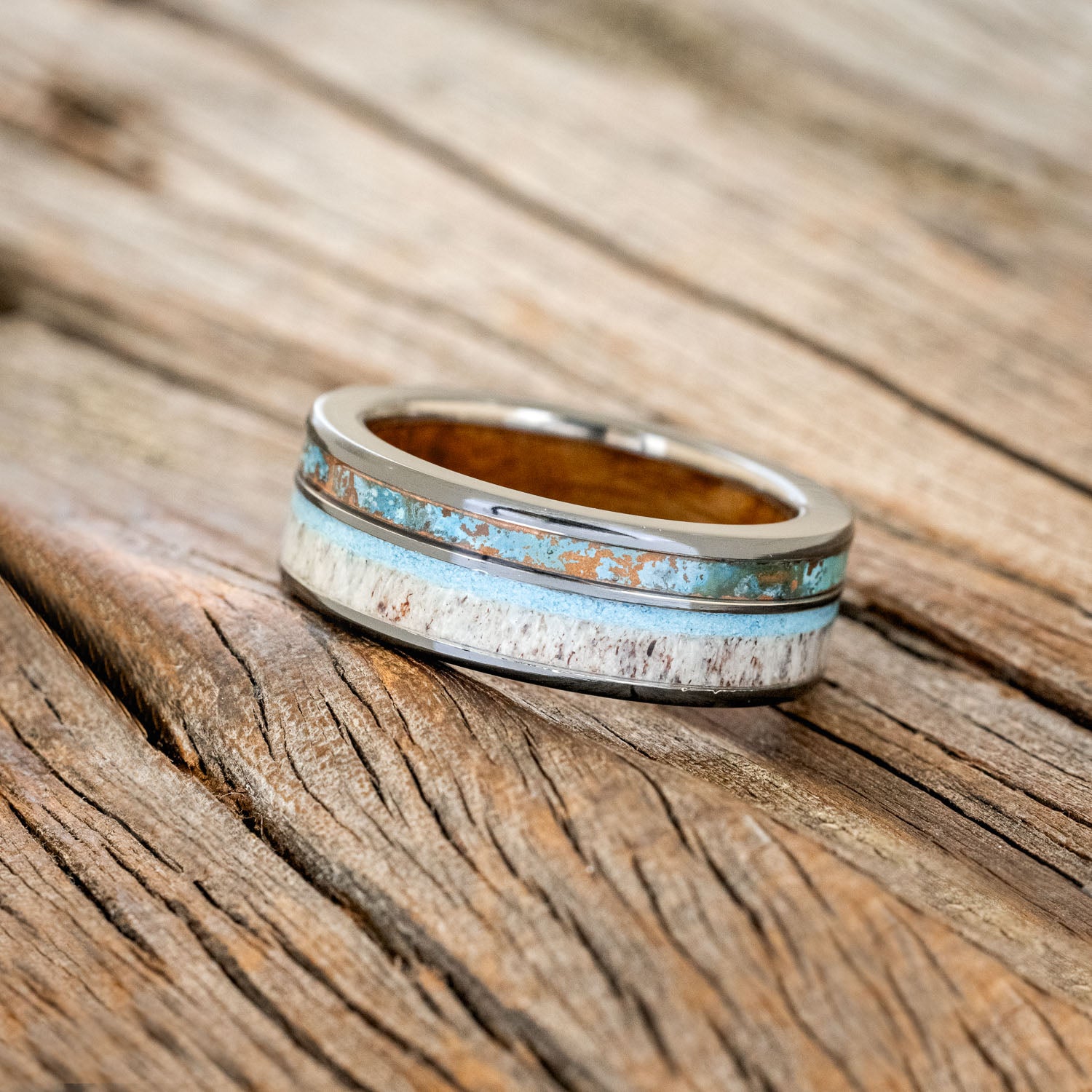 "ELEMENT" - WHISKEY BARREL OAK LINING WITH PATINA COPPER, ANTLER & TURQUOISE INLAYS WEDDING RING-2