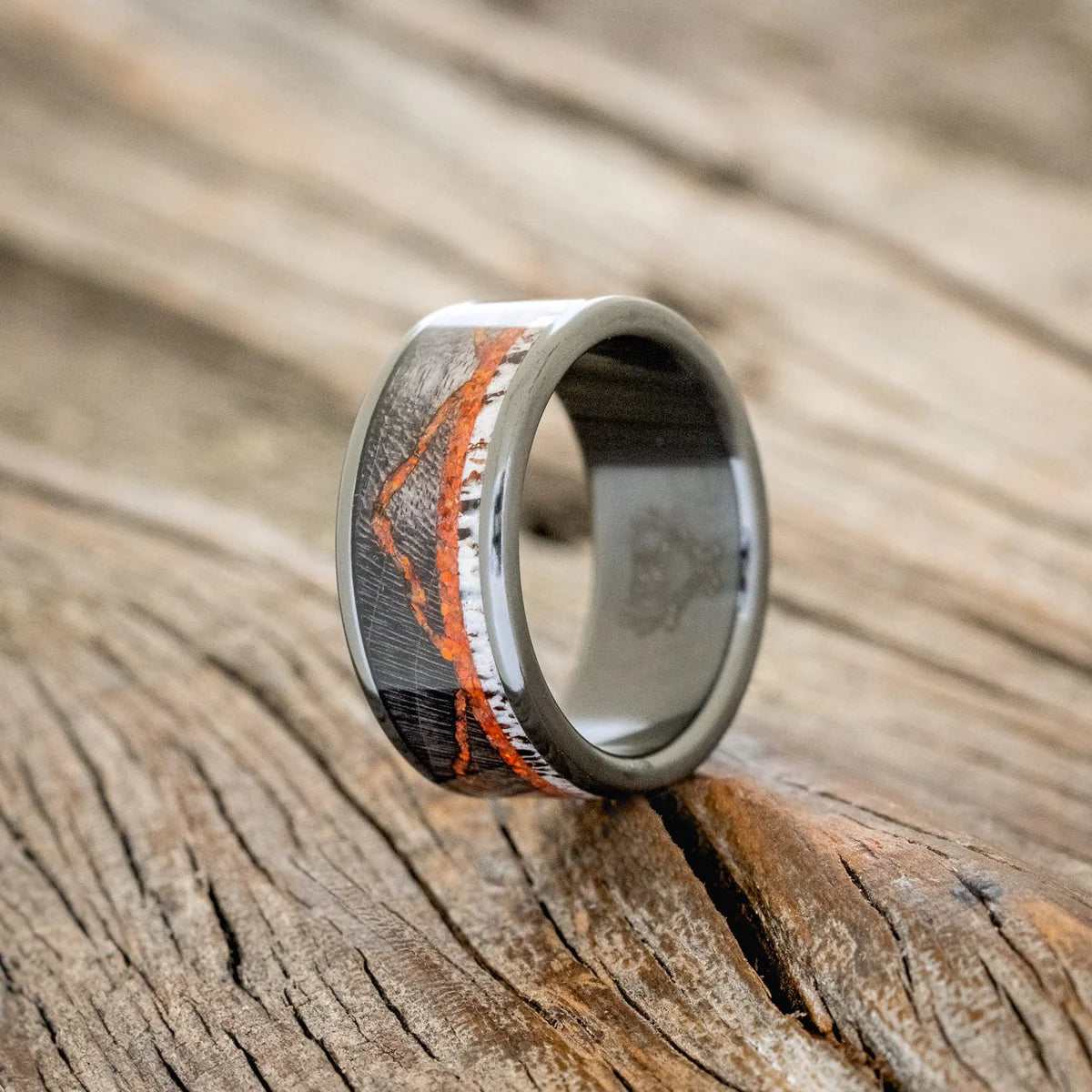 "The Expedition" - Mountain Engraved Wedding Ring With Dark Maple, Red Opal & Antler - Black Zirconium (8mm) - Size 10
