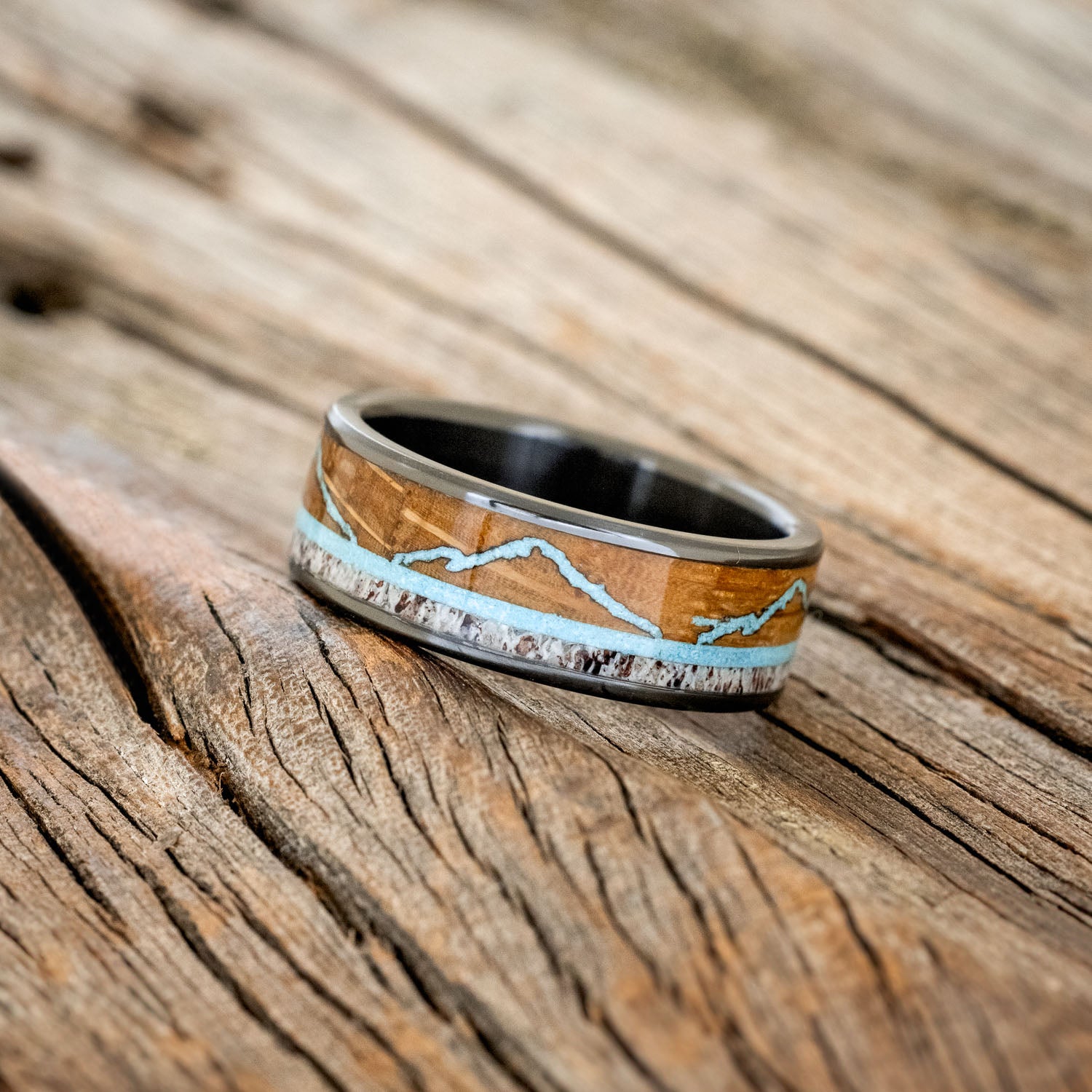 "THE EXPEDITION" - MOUNTAIN ENGRAVED WEDDING RING WITH WHISKEY BARREL OAK, TURQUOISE & ANTLER-8