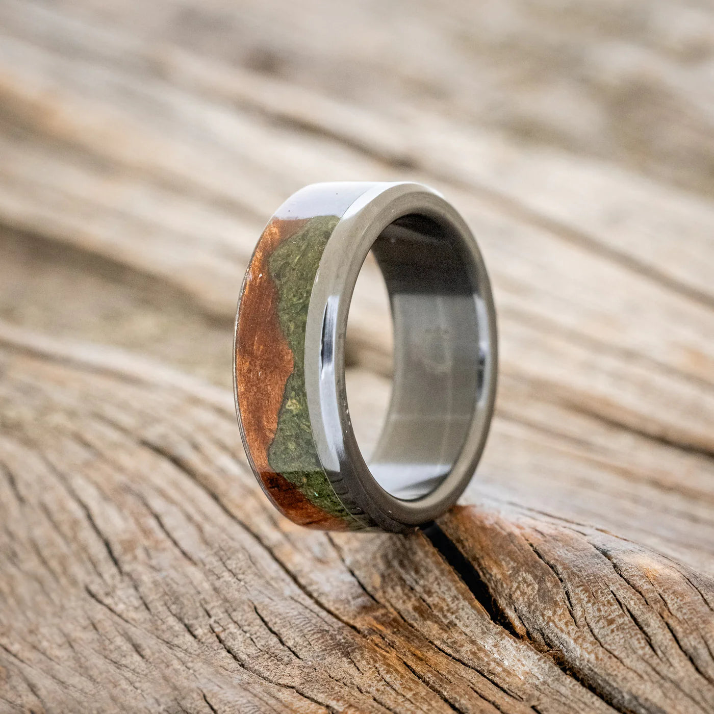 "EZRA" - REDWOOD & MOSS WEDDING RING - BLACK ZIRCONIUM - SIZE 8 1/2-Staghead Designs