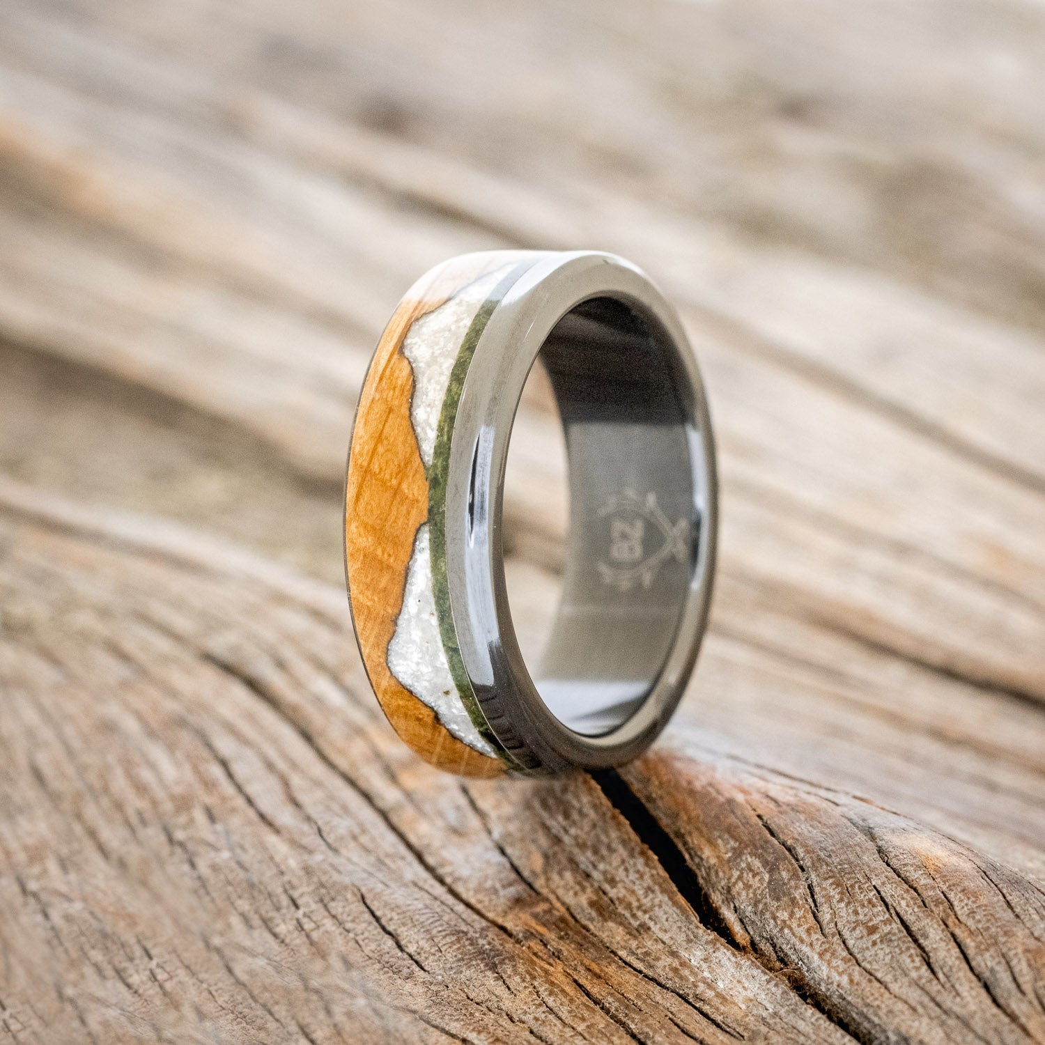 "EZRA" - WHISKEY BARREL OAK WITH DIAMOND DUST & MOSS INLAY WEDDING RING-4