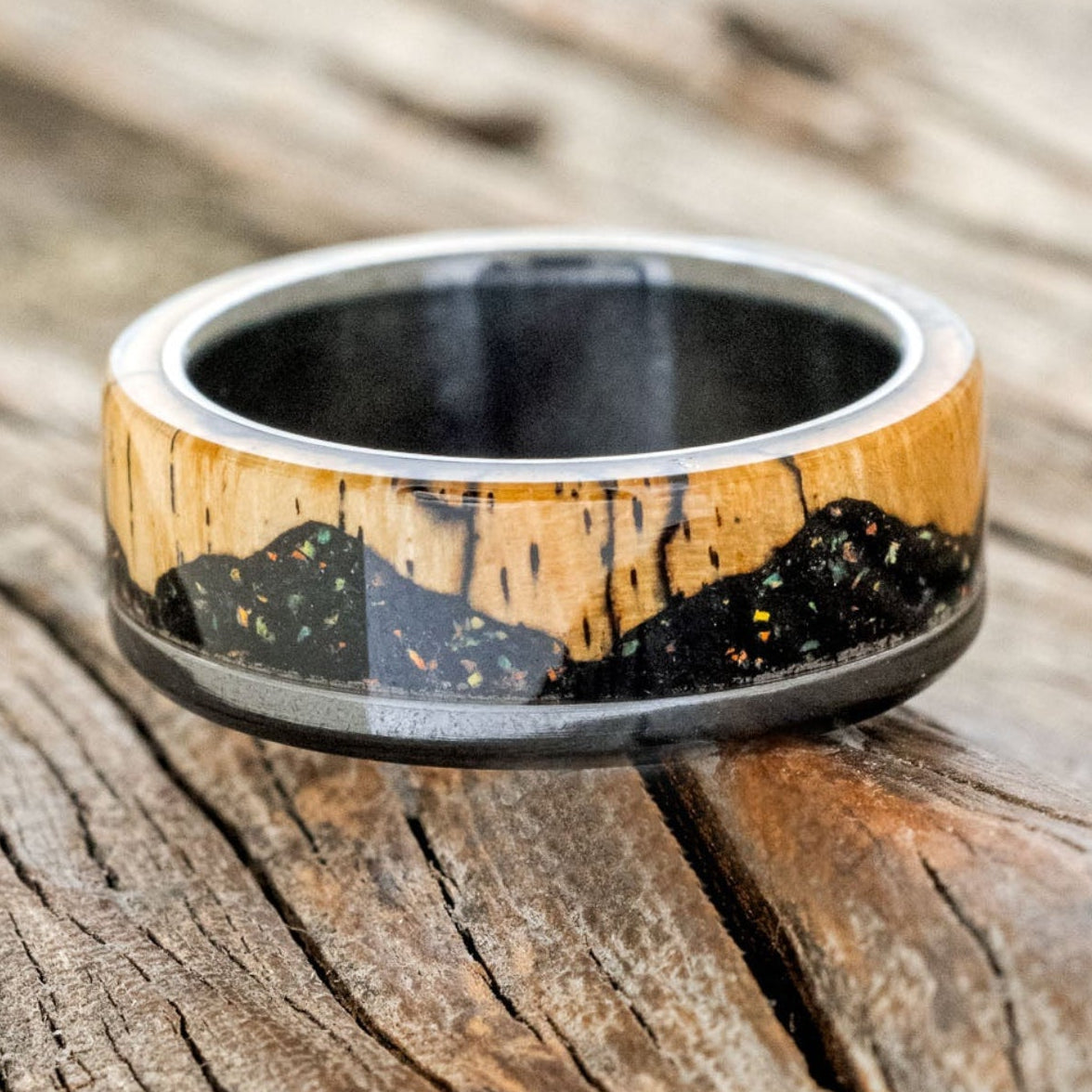"EZRA" - SPALTED MAPLE WITH JET STONE & OPAL MIX WEDDING BAND-3