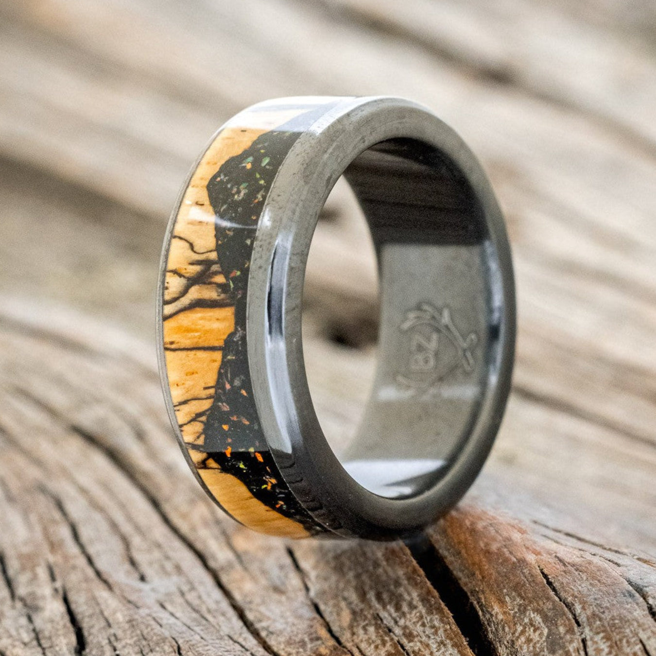 "EZRA" - SPALTED MAPLE WITH JET STONE & OPAL MIX WEDDING BAND-2