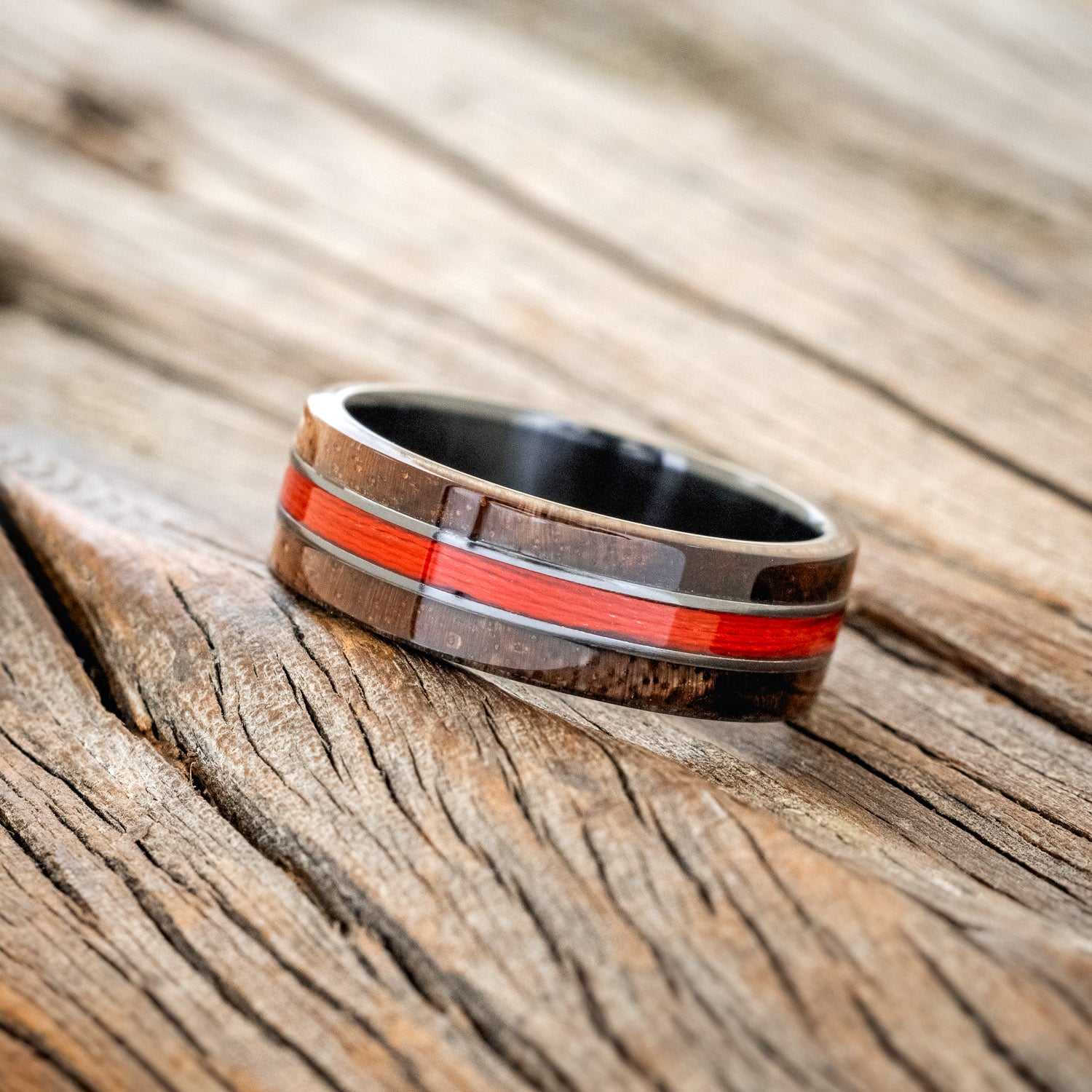 "GLEN" - KOA WOOD & RED FISHING LINE WEDDING RING-2