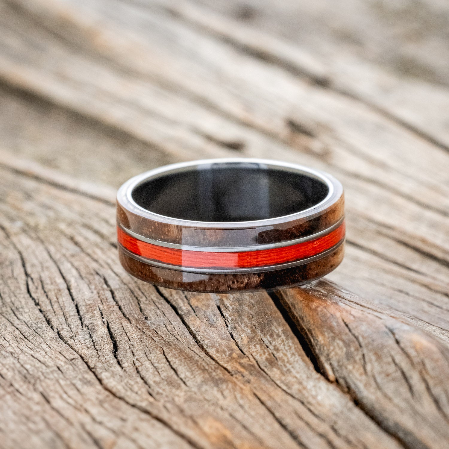 "GLEN" - KOA WOOD & RED FISHING LINE WEDDING RING-3