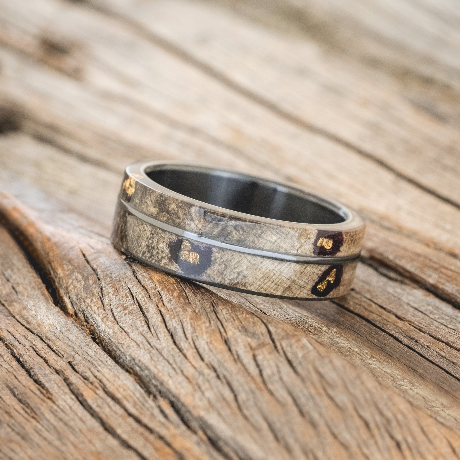 "GOLDEN" - BUCKEYE BURL WOOD & ALASKAN PANNED GOLD NUGGETS WEDDING RING-7