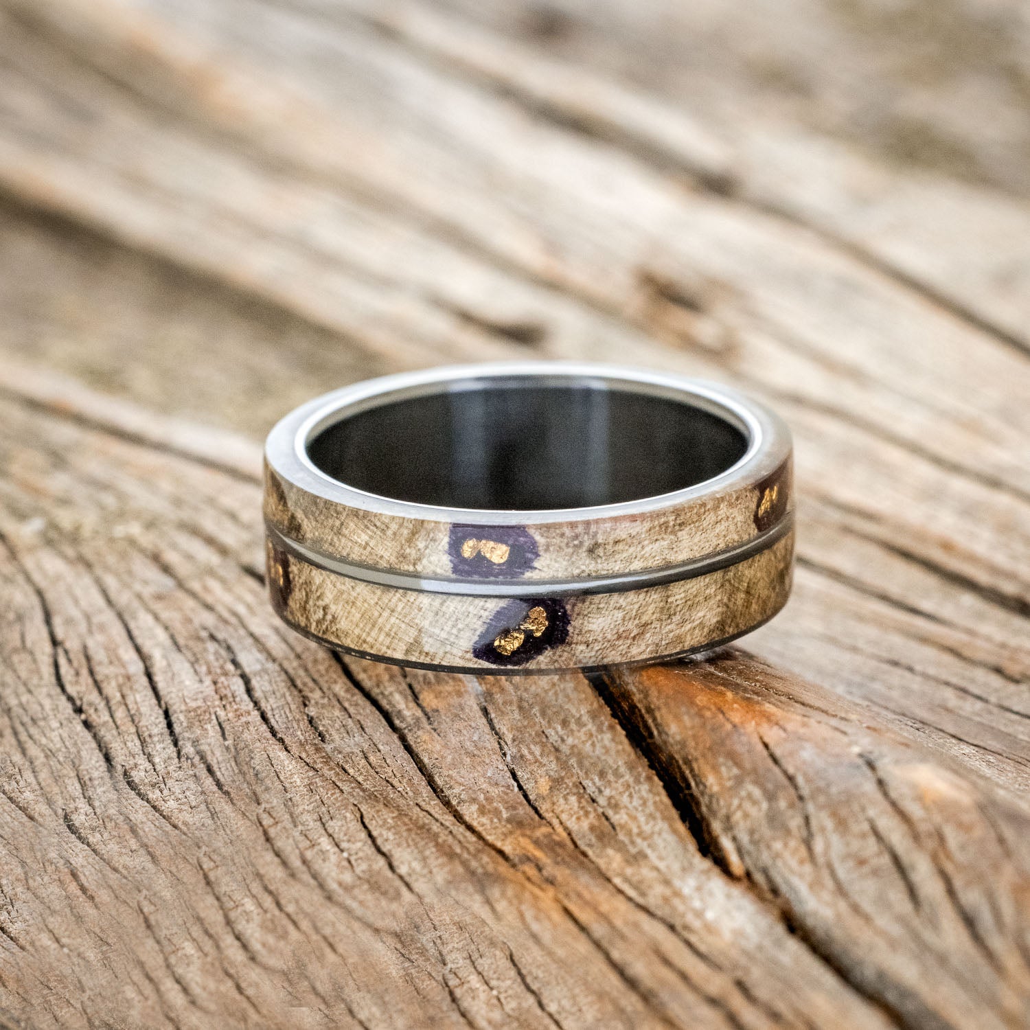 "GOLDEN" - BUCKEYE BURL WOOD & ALASKAN PANNED GOLD NUGGETS WEDDING RING-9