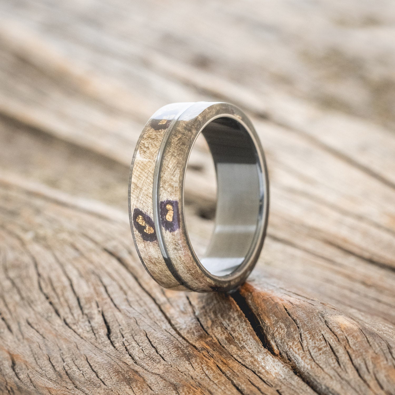 "GOLDEN" - BUCKEYE BURL WOOD & ALASKAN PANNED GOLD NUGGETS WEDDING RING-8