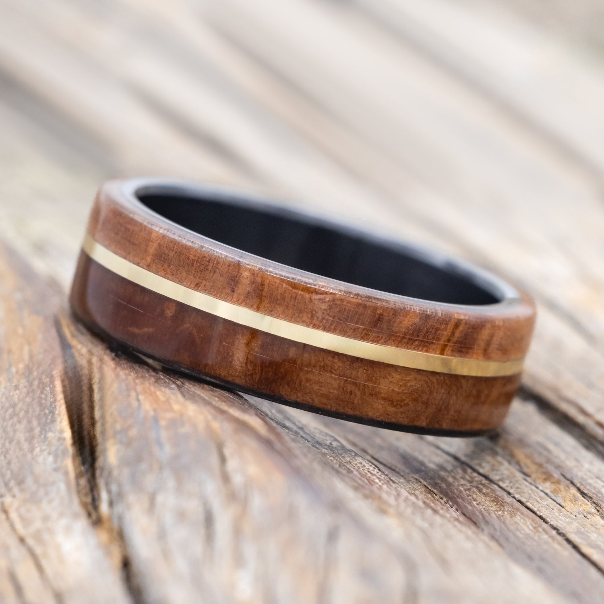 "GOLDEN" - REDWOOD & 14K GOLD INLAY WEDDING BAND-Staghead Designs