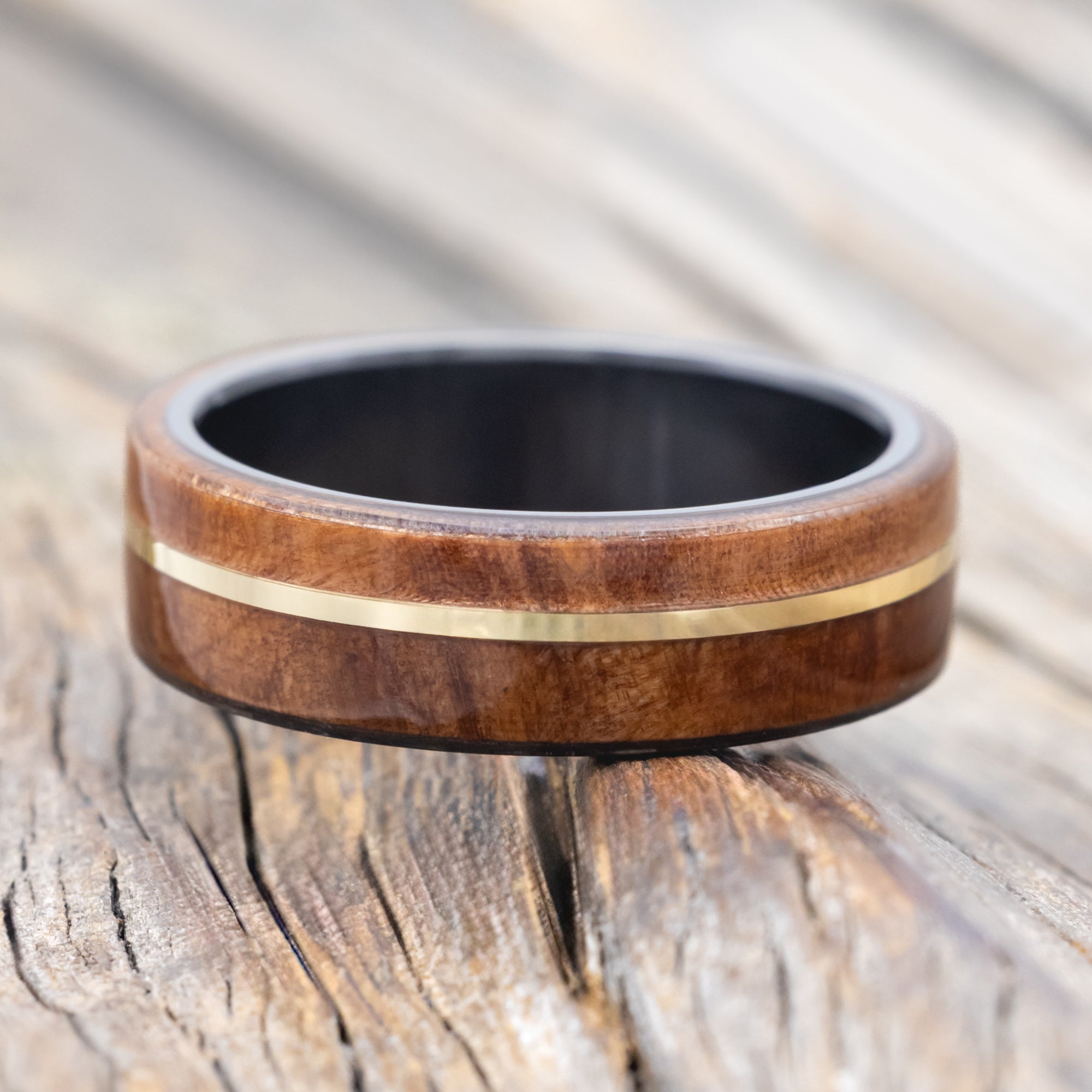 "GOLDEN" - REDWOOD & 14K GOLD INLAY WEDDING BAND-Staghead Designs