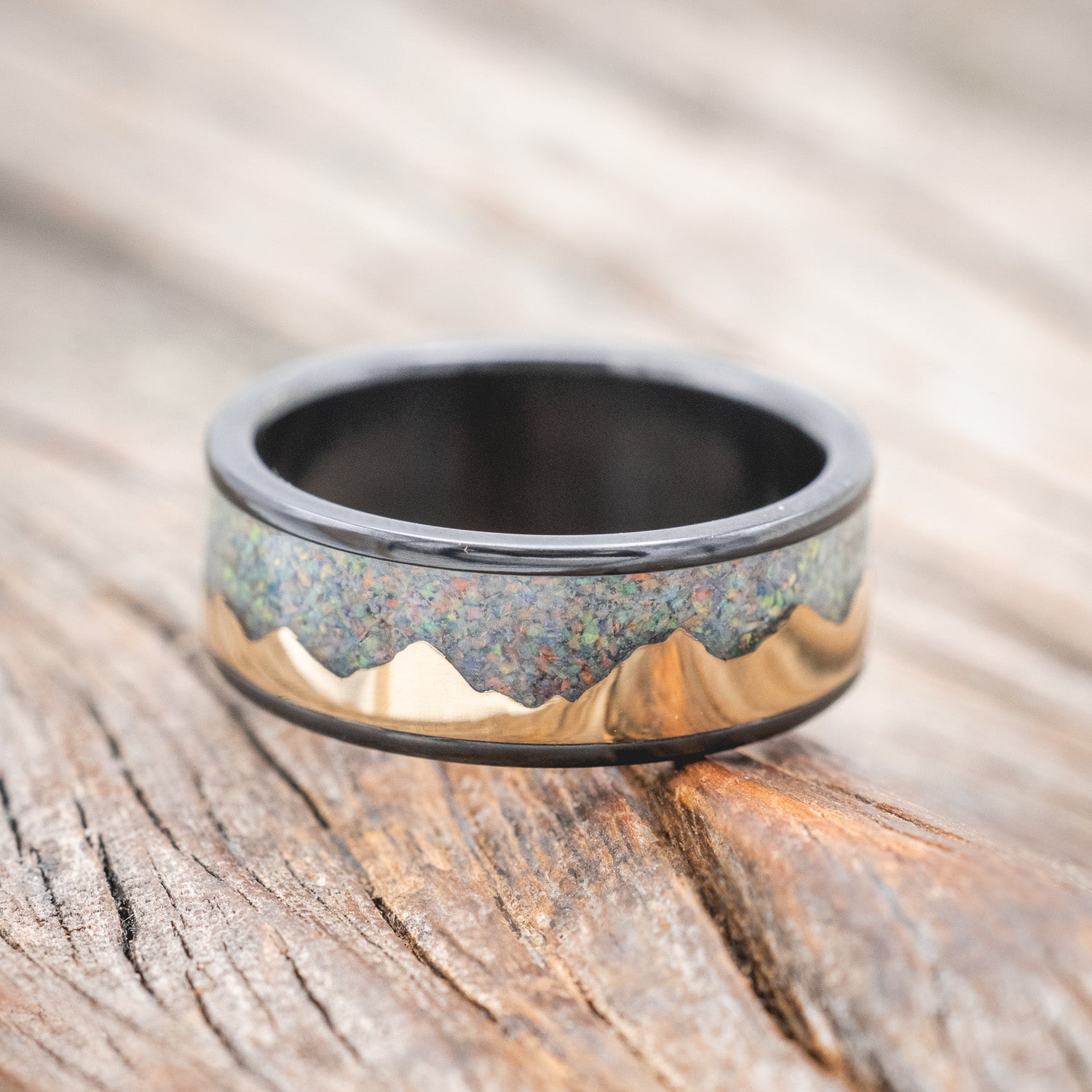 "HELIOS" - GOLD ANDES MOUNTAIN RANGE WITH FIRE AND ICE OPAL INLAY WEDDING BAND-Staghead Designs