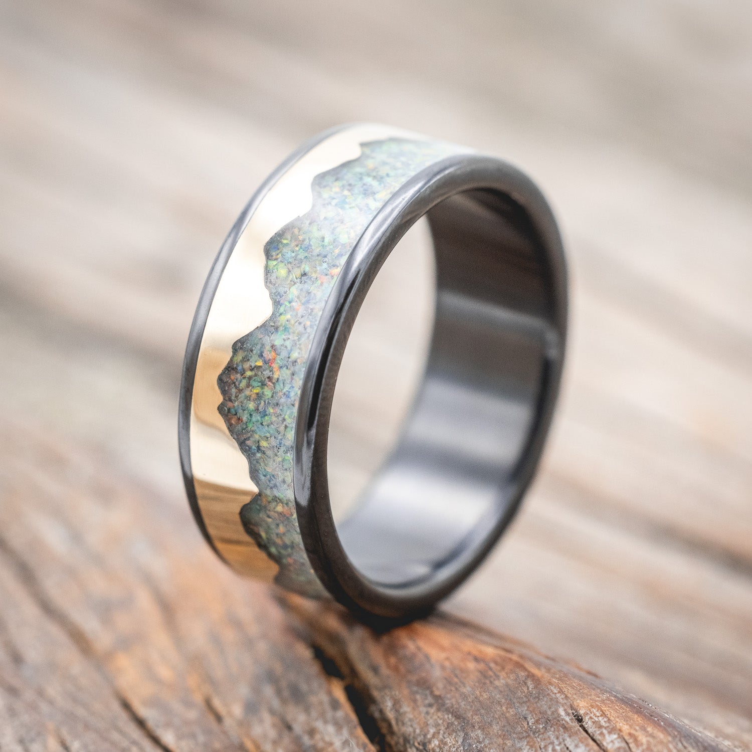 "HELIOS" - GOLD ANDES MOUNTAIN RANGE WITH FIRE AND ICE OPAL INLAY WEDDING BAND-Staghead Designs
