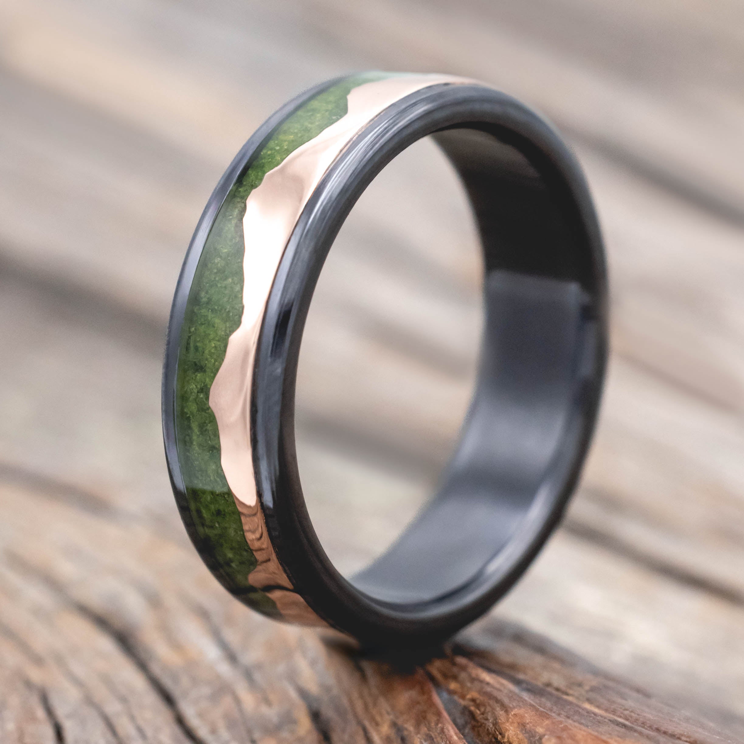 "HELIOS" - MOSS & 14K GOLD MOUNTAIN RANGE WEDDING BAND-Staghead Designs