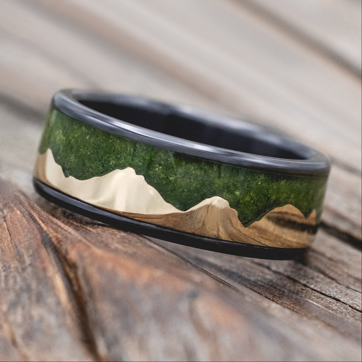 "Helios" - Moss & 14K Gold Mountain Range Men's Wedding Band-Staghead Designs