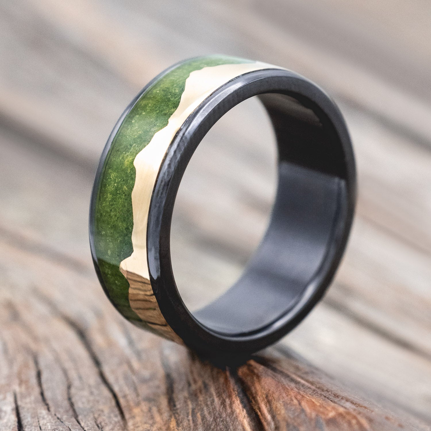 "HELIOS" - MOSS & 14K YELLOW GOLD MOUNTAIN RANGE WEDDING BAND-Staghead Designs