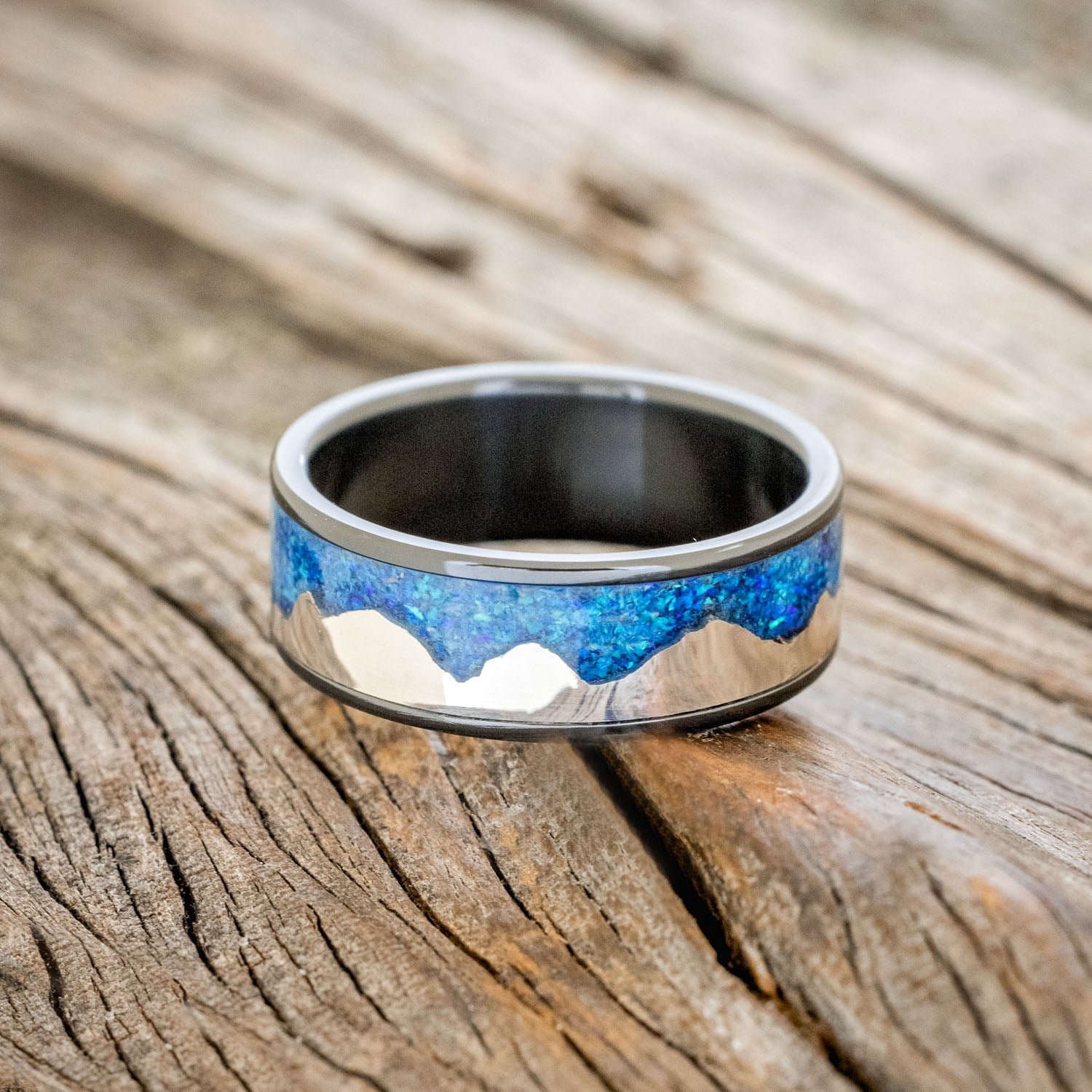 "HELIOS" - BLUE OPAL WITH SILVER MOUNTAIN RANGE WEDDING BAND-9