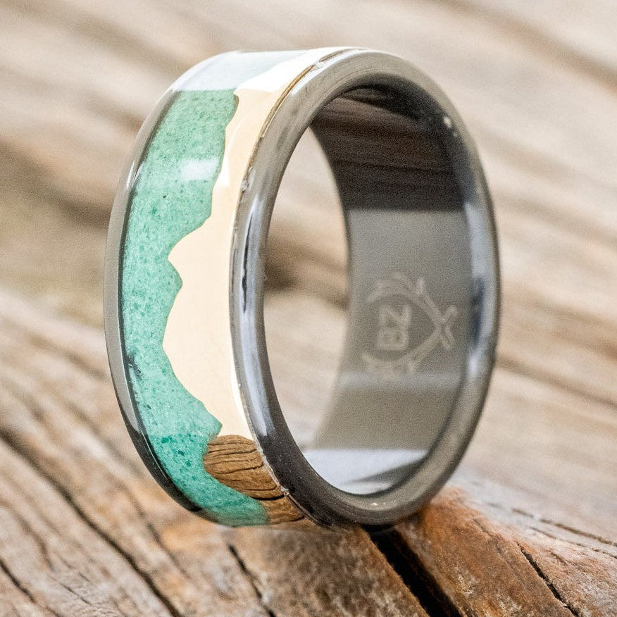 "Helios" - Malachite & 14K Gold Mountain Range Men's Wedding Band-Staghead Designs