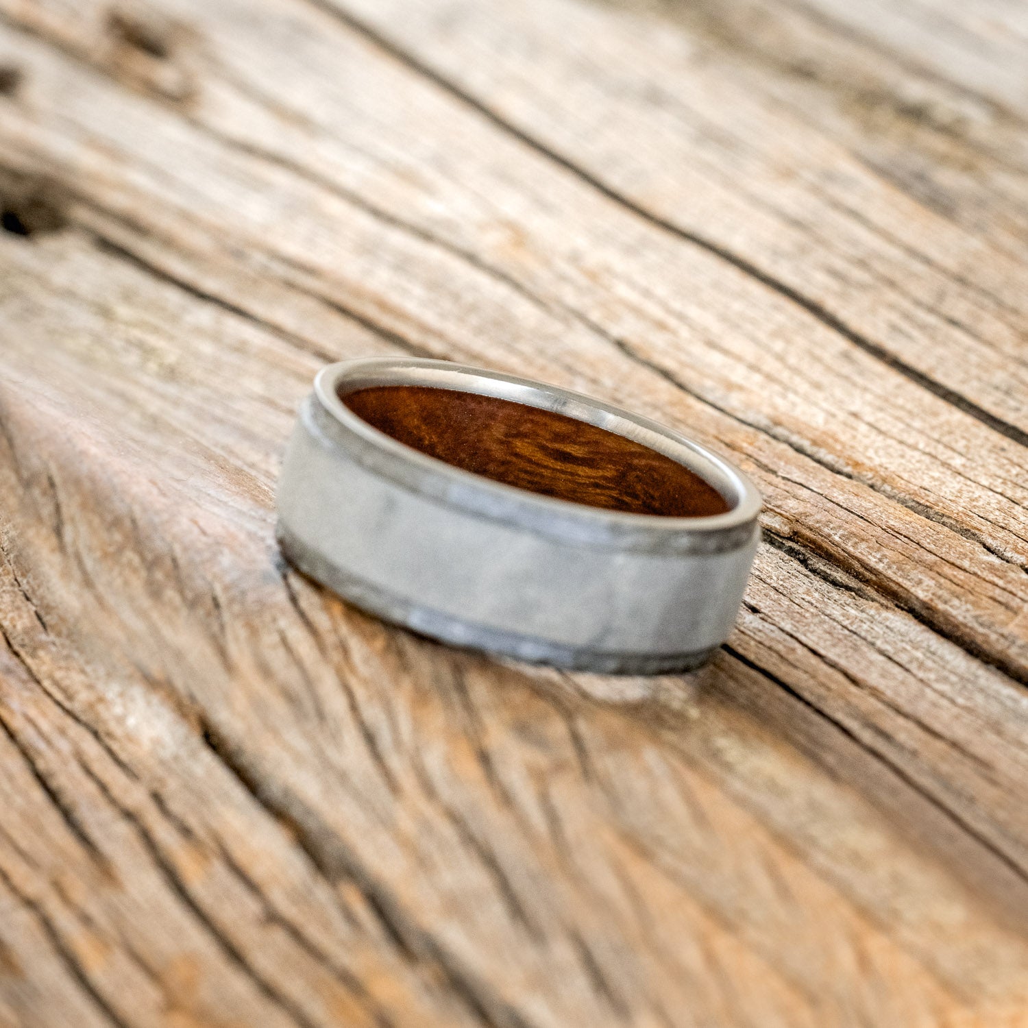 "SEDONA" - WHISKEY BARREL LINED WEDDING RING WITH HAMMERED EDGES & SANDBLASTED CENTER-10