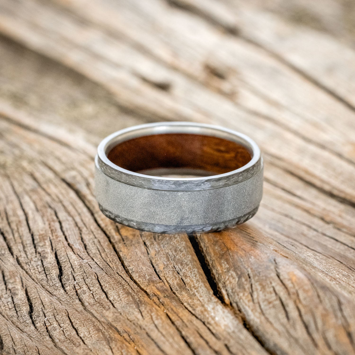 "SEDONA" - WHISKEY BARREL LINED WEDDING RING WITH A FINISH OF YOUR CHOICE - READY TO SHIP-Staghead Designs