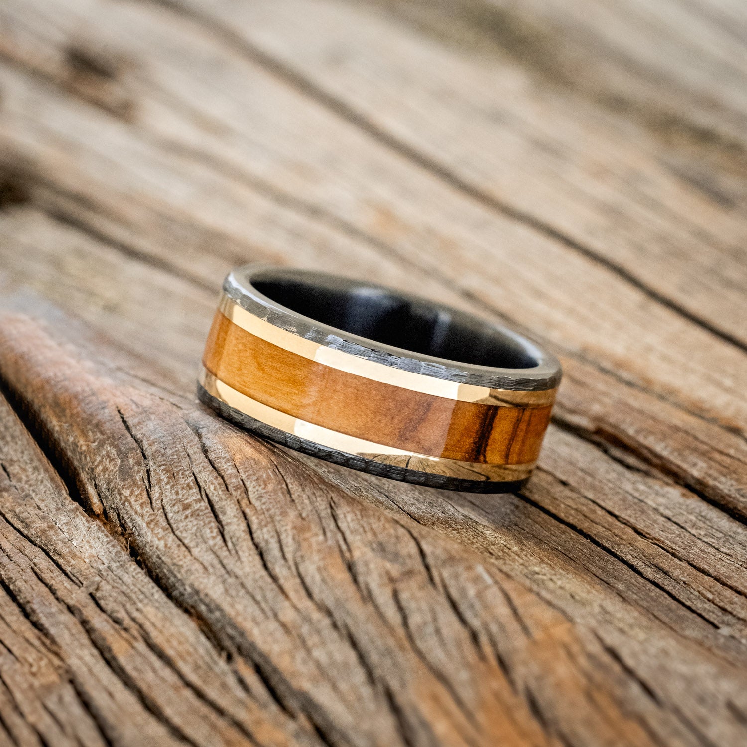 "HOLLIS" - BETHLEHEM OLIVE WOOD & 14K GOLD INLAYS WEDDING RING-2