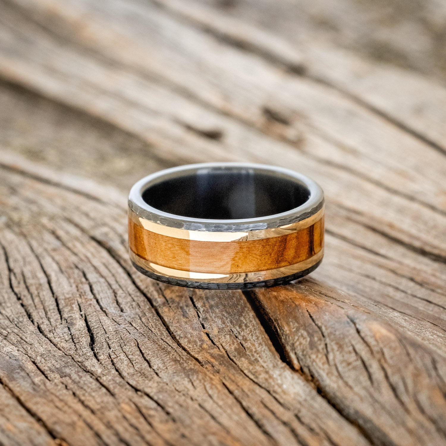 "HOLLIS" - BETHLEHEM OLIVE WOOD & 14K GOLD INLAYS WEDDING RING-3