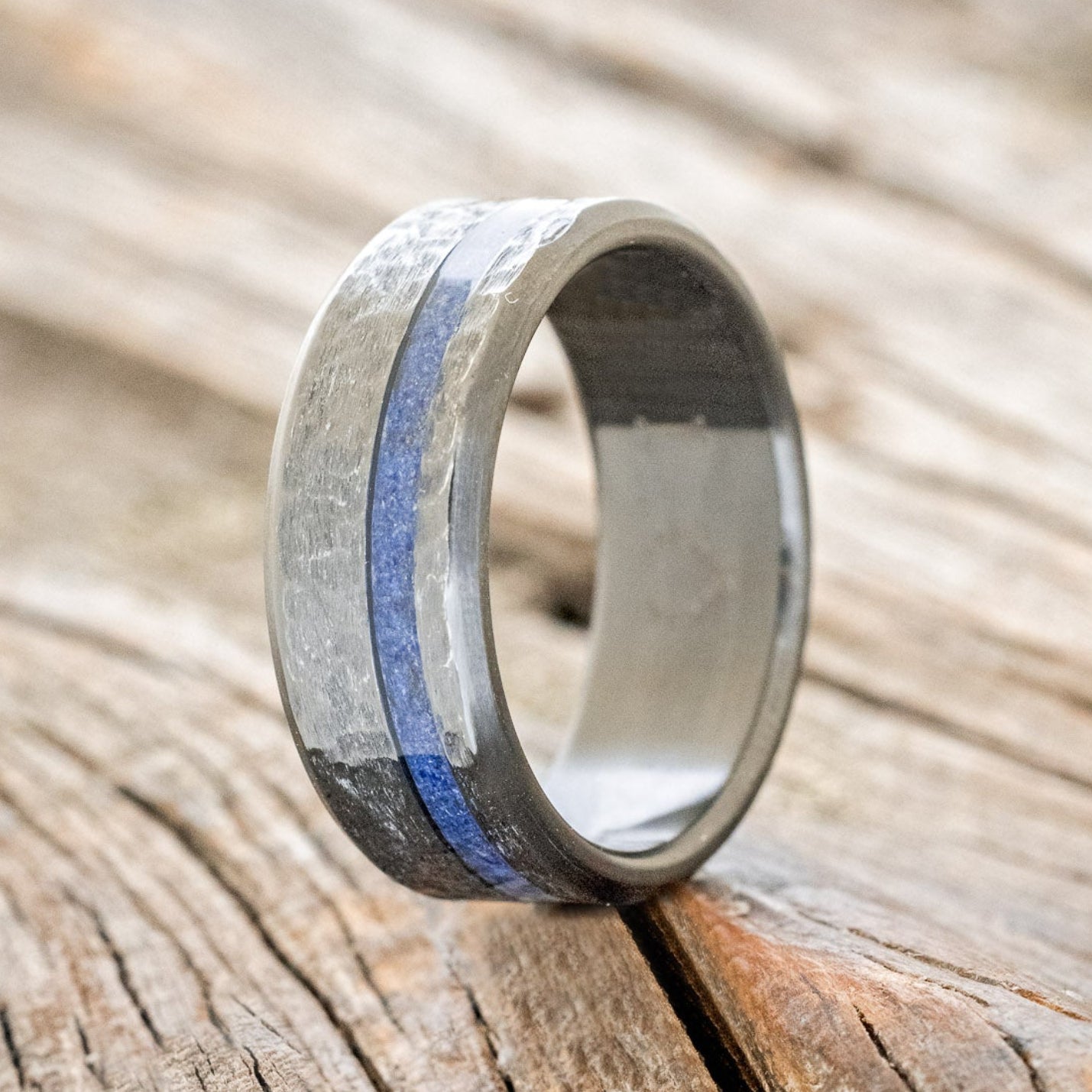 "VERTIGO" - HAMMERED LAPIS LAZULI WEDDING BAND-4
