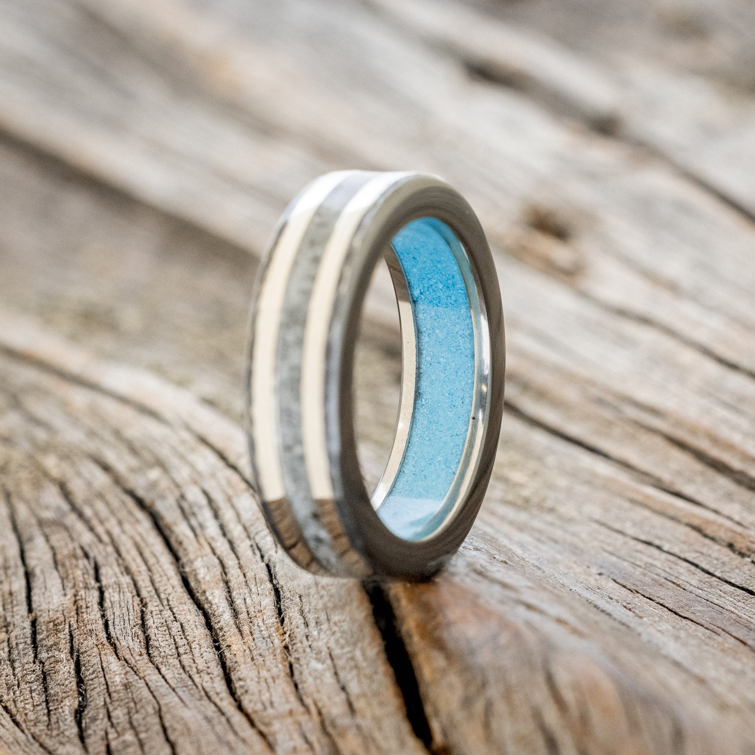 "HOLLIS" - MOONSTONE & 14K WHITE GOLD INLAYS WEDDING RING WITH TURQUOISE LINING FEATURING A HAMMERED BAND-4