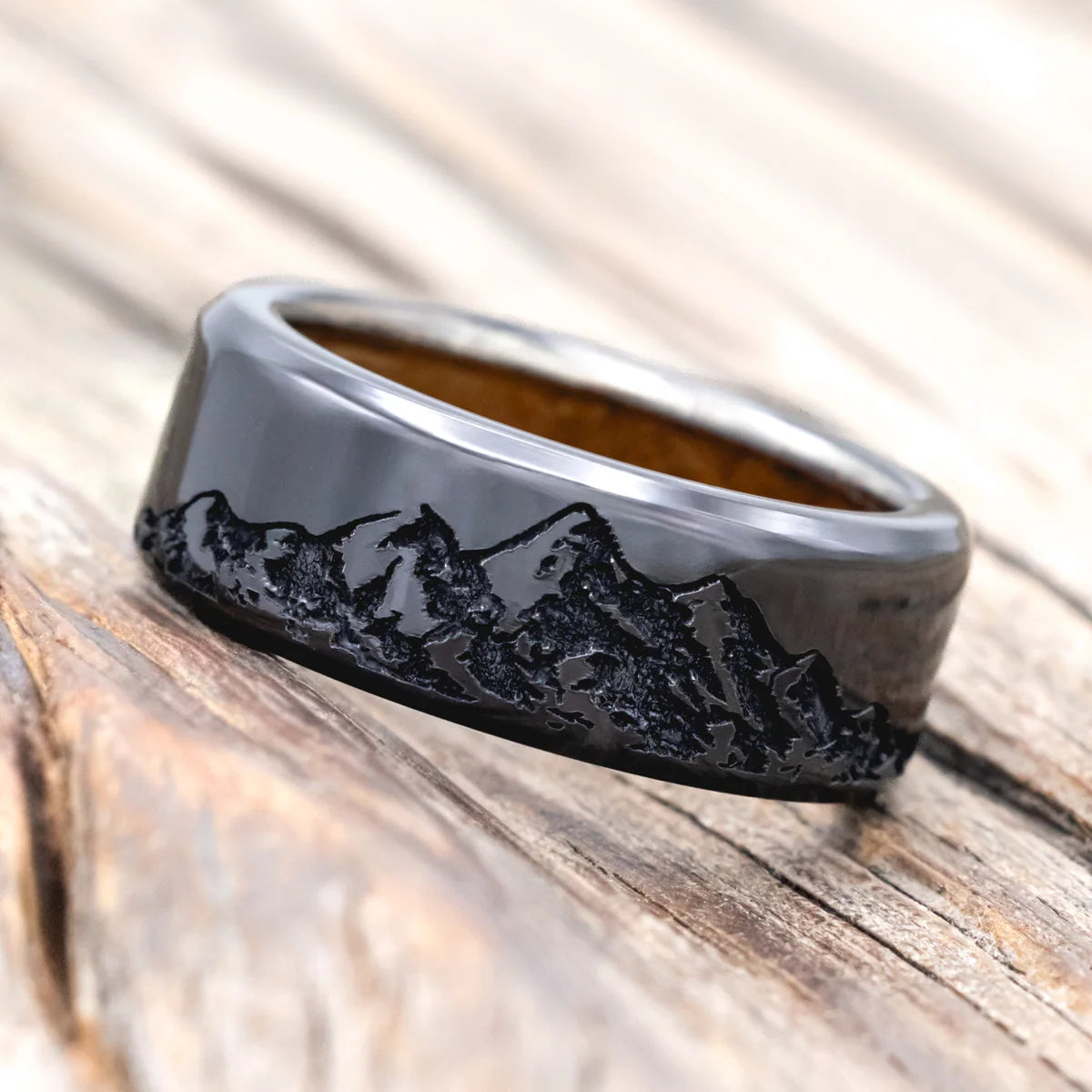 "Horizon" - Mountain Engraved Wedding Band with Whiskey Barrel Oak Lining - Black Zirconium (8mm) - Size 9