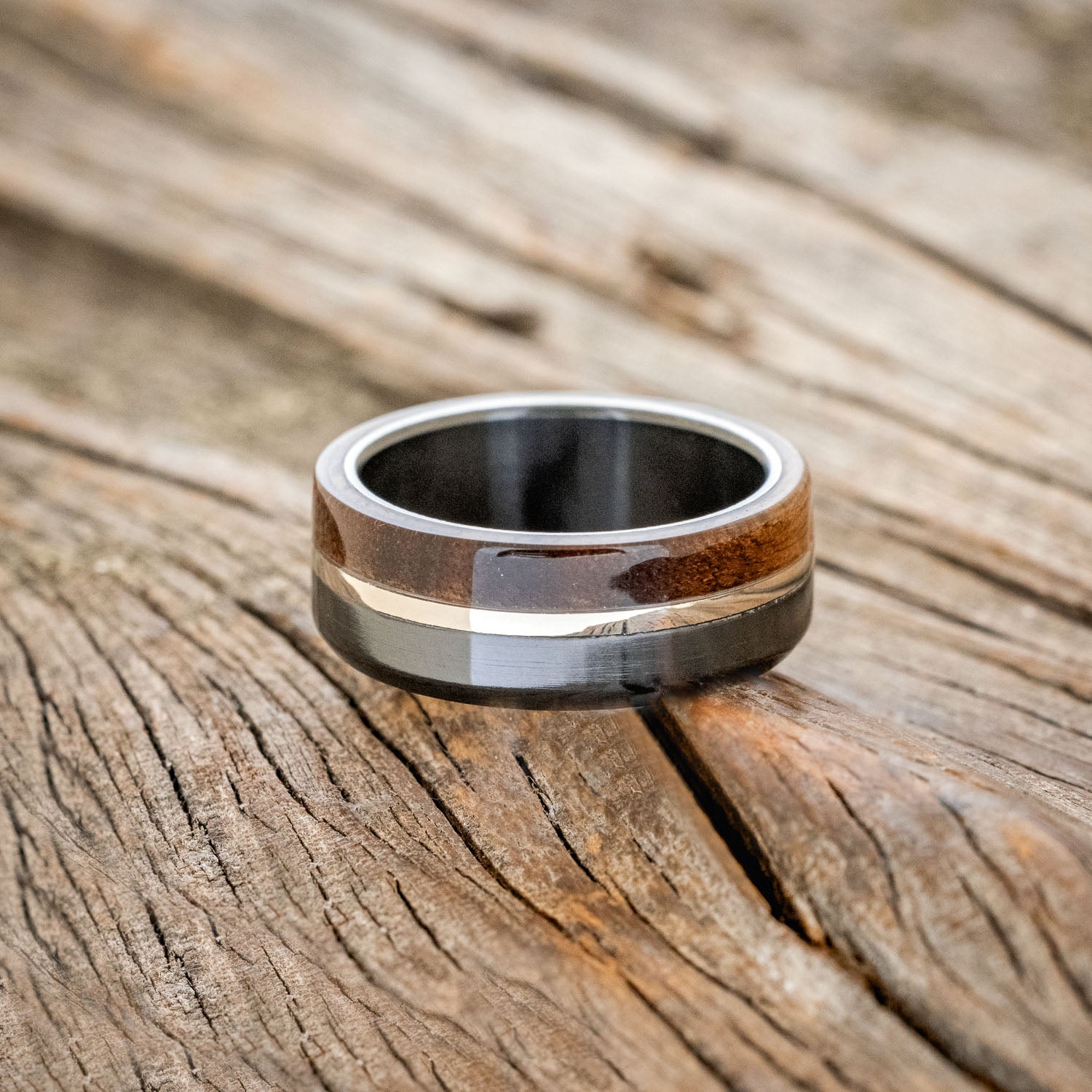 "LEDGER" - BLACK WALNUT WOOD & 14K GOLD INLAY WEDDING BAND-6