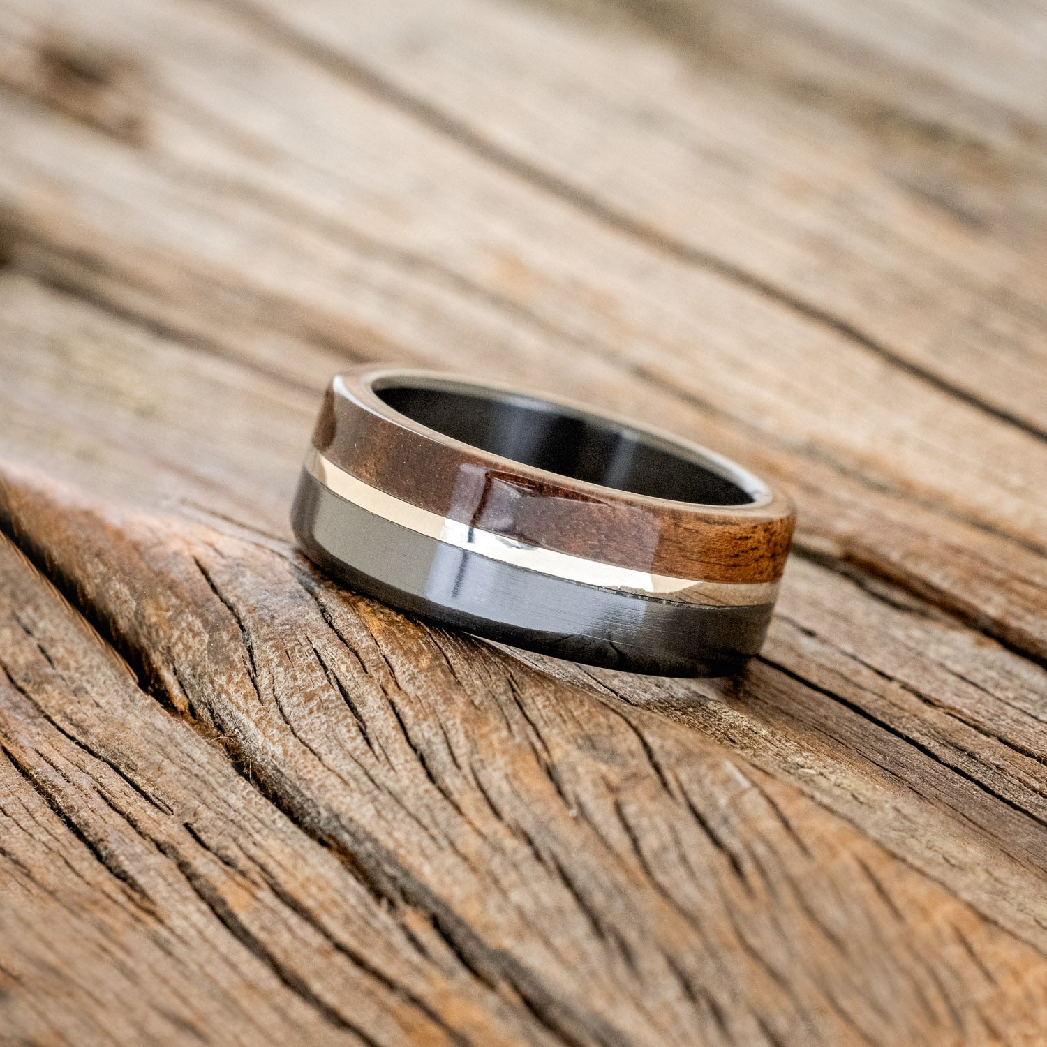 "LEDGER" - BLACK WALNUT WOOD & 14K GOLD INLAY WEDDING BAND-5